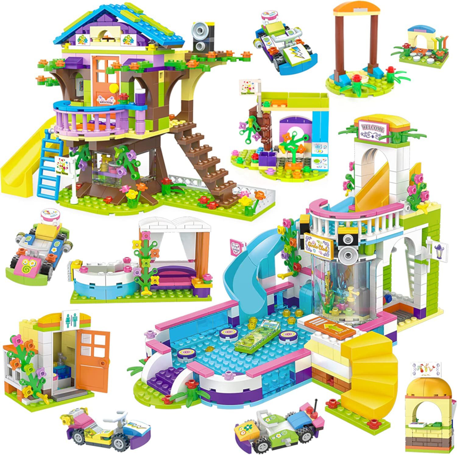 Friends Tree House Building Kit, Girls Treehouse Summer Pool Party Building Blocks Set for Kids Aged 6-12 (1274 Pieces) EXERCISE N PLAY