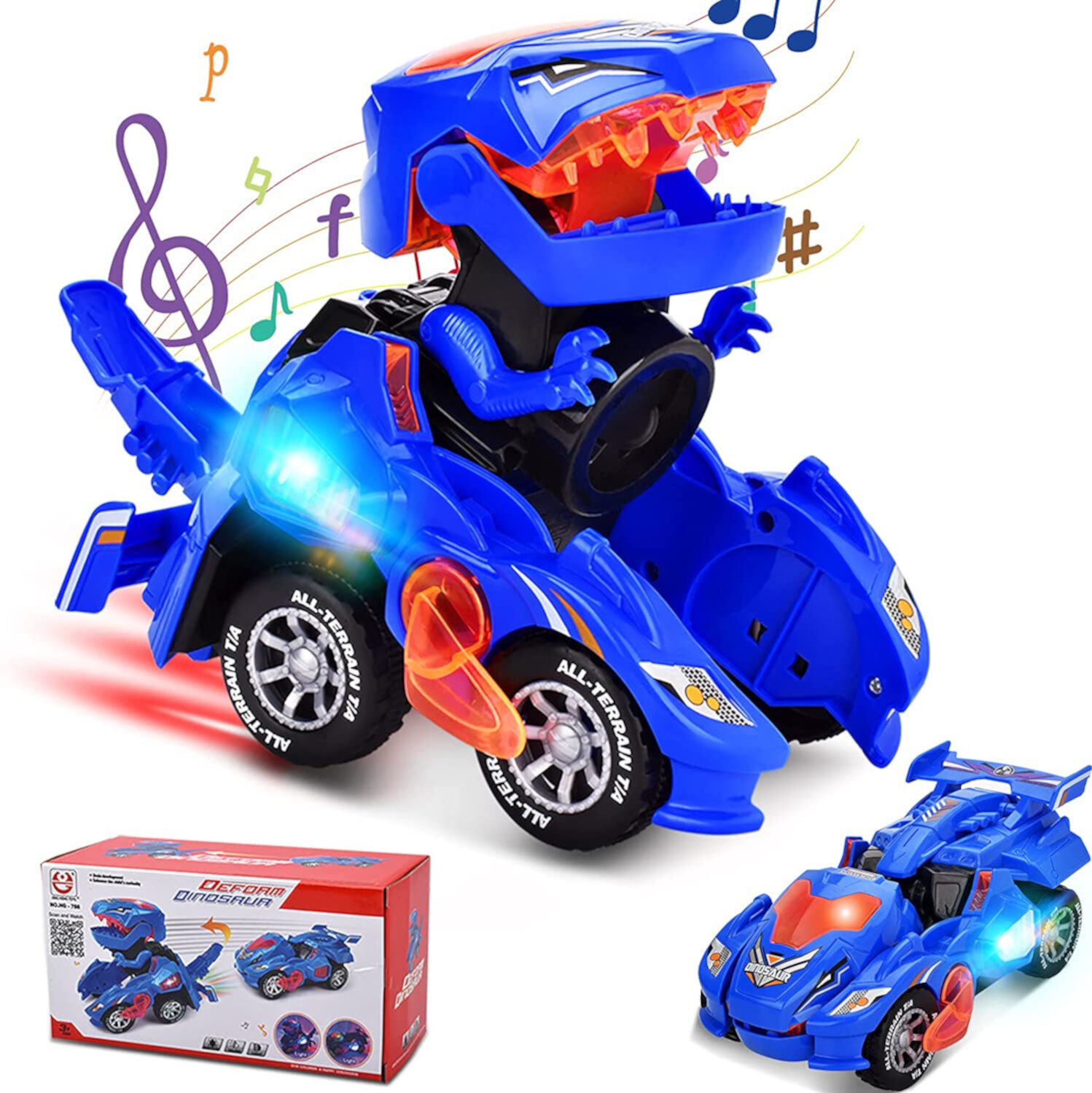 Transforming Dinosaur Car Toys, Transforming Dinosaur LED Car with Light and Music, 2 in 1 Automatic Dinosaur Transform Car Toy, Dinosaur Transformer Toy for Kids (Blue) Color Profit Kids