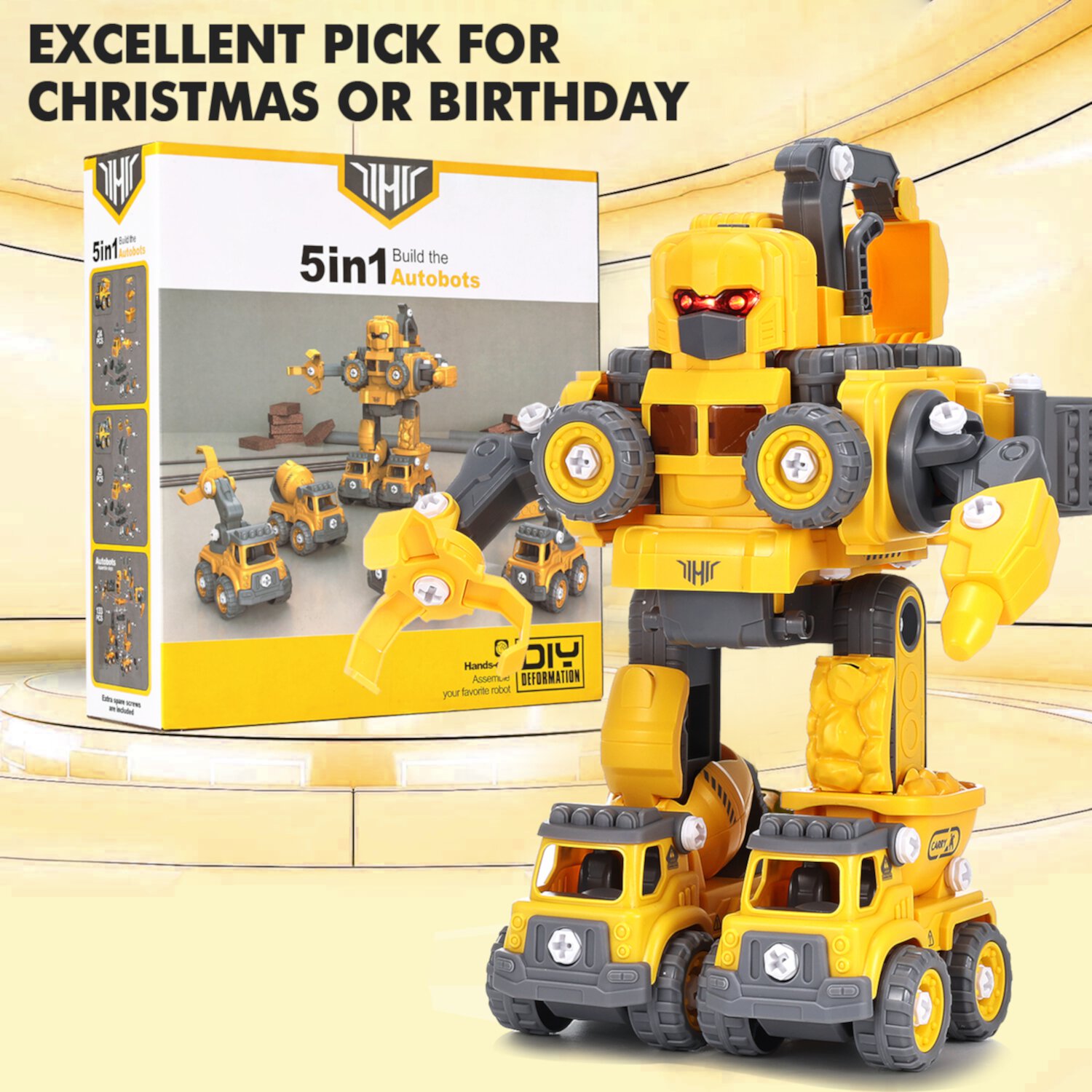 Anpro 5 in 1 Robot Construction Vehicles Set Toy for Toddler, Construction Vehicles Transform Robots Toys with Light for Kids, Assemble Building Trucks DIY Toy for Boys Girl 3 4 5 6 7 Year Gifts Anpro