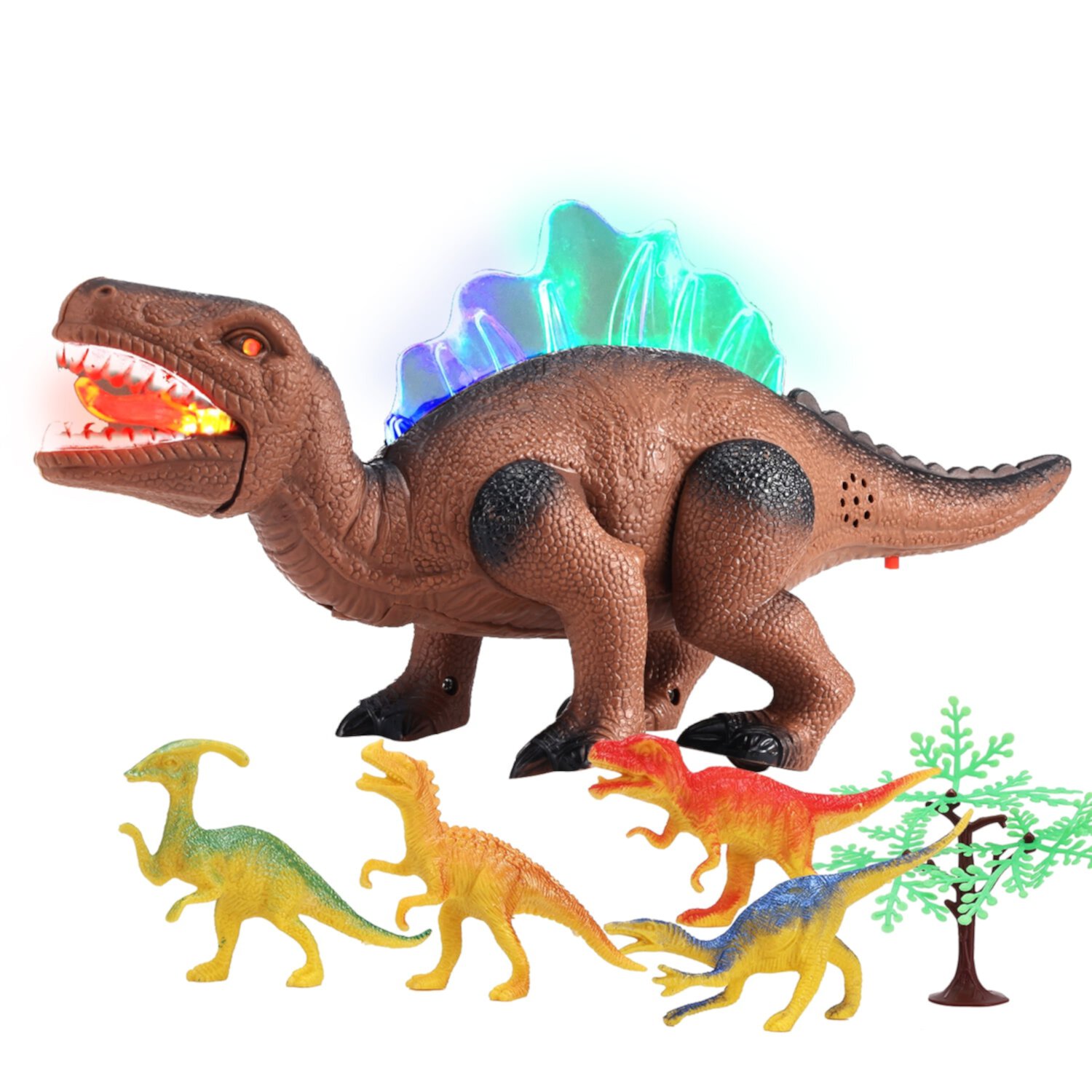 Anpro Walking Dinosaur Toys for Kids, Electronic Light-up Dinosaur Toys with Roaring Sound, 4 Dino and 1 Tree Best Gifts for Toddlers Age 3+ Years, Brown Anpro