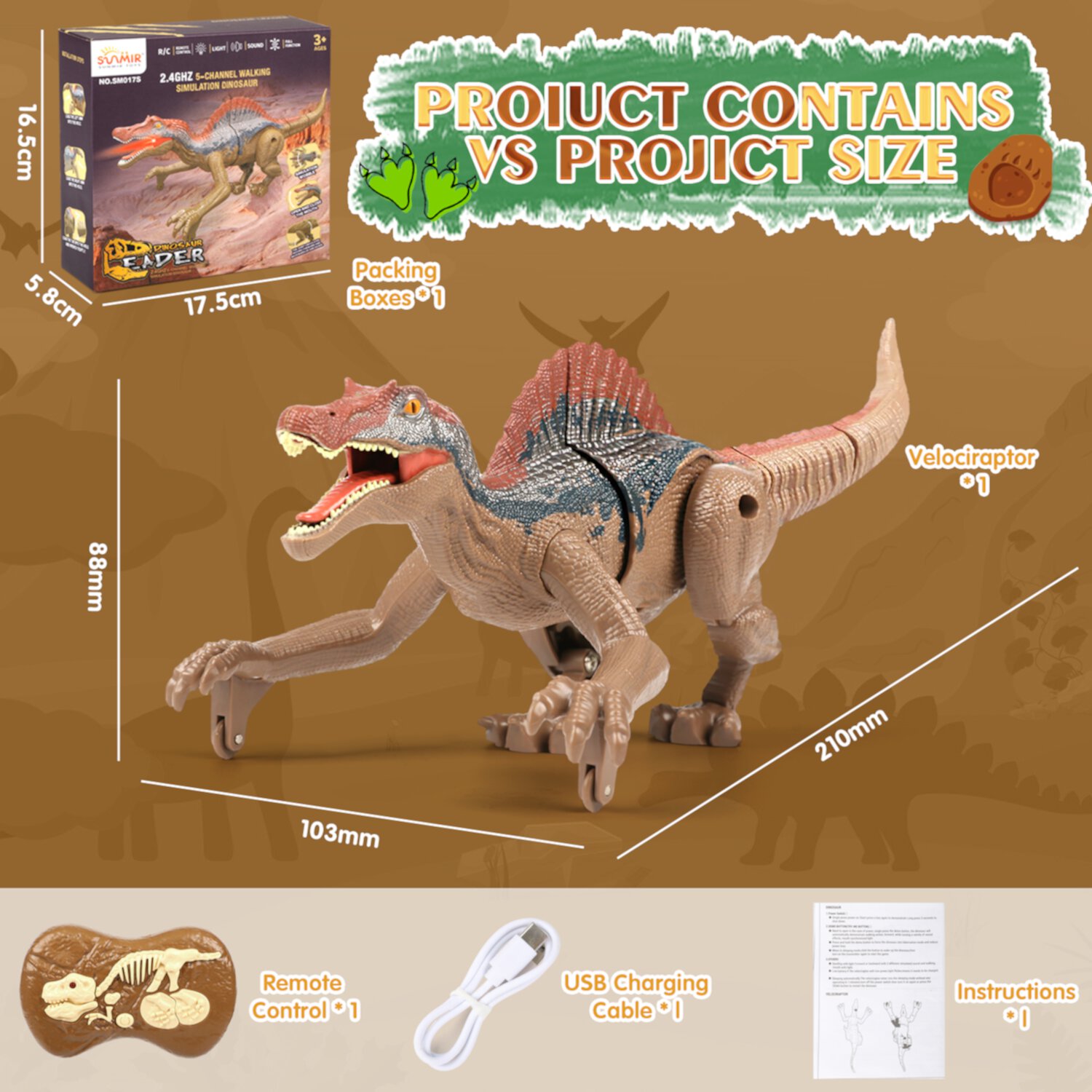 Flooyes Remote Control Dinosaur Toys, 2.4G RC Dinosaur Robot with Light Sound, Kids Boy Toys ages 3 4 5 6+ Year Old, Velociraptor Toys Christmas Gifts Flooyes