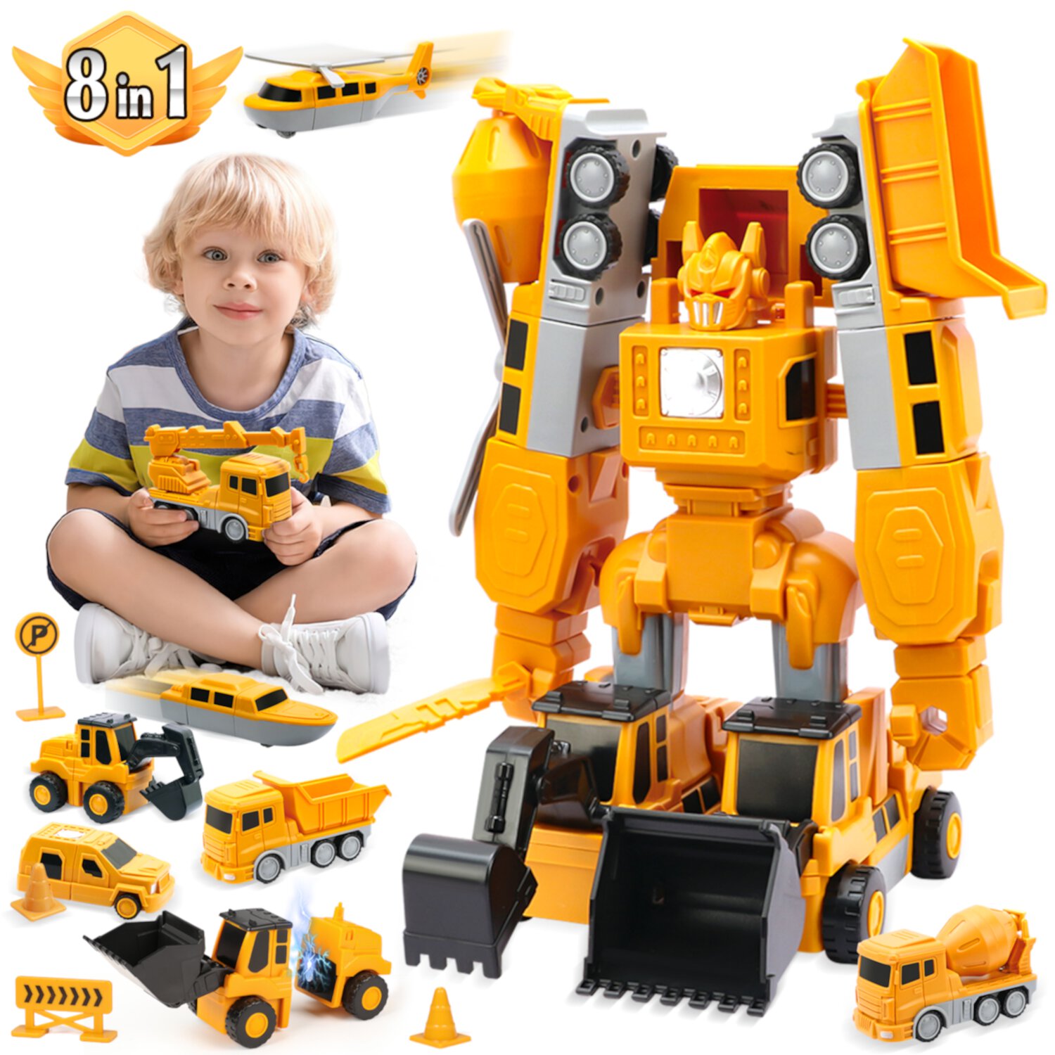 Huge Wave Construction Vehicles Boys Toys Set, 8-In-1 Magnetic Transform Robot Truck Toys for Toddler, DIY Toys with Durable Connectors, Robot STEM Building Kids Christmas Gifts for 3-8 Year Old Huge Wave