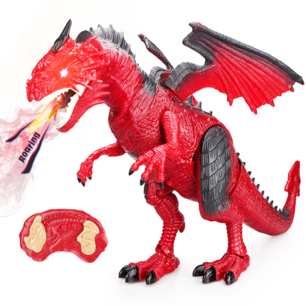 Growsly RC Dragon Toy, Large Red Roaring Dinosaur with Spraying Light-Up Eyes Growsly