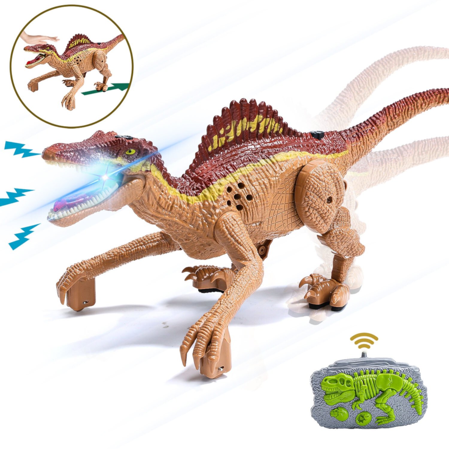 JoyStone Remote Control Dinosaur Toys, Gesture Sensing RC Dinosaurs - Realistic Walking, Roaring, and Spraying Spinosaurus Toys Robot Dinosaur for Kids, Brown JoyStone