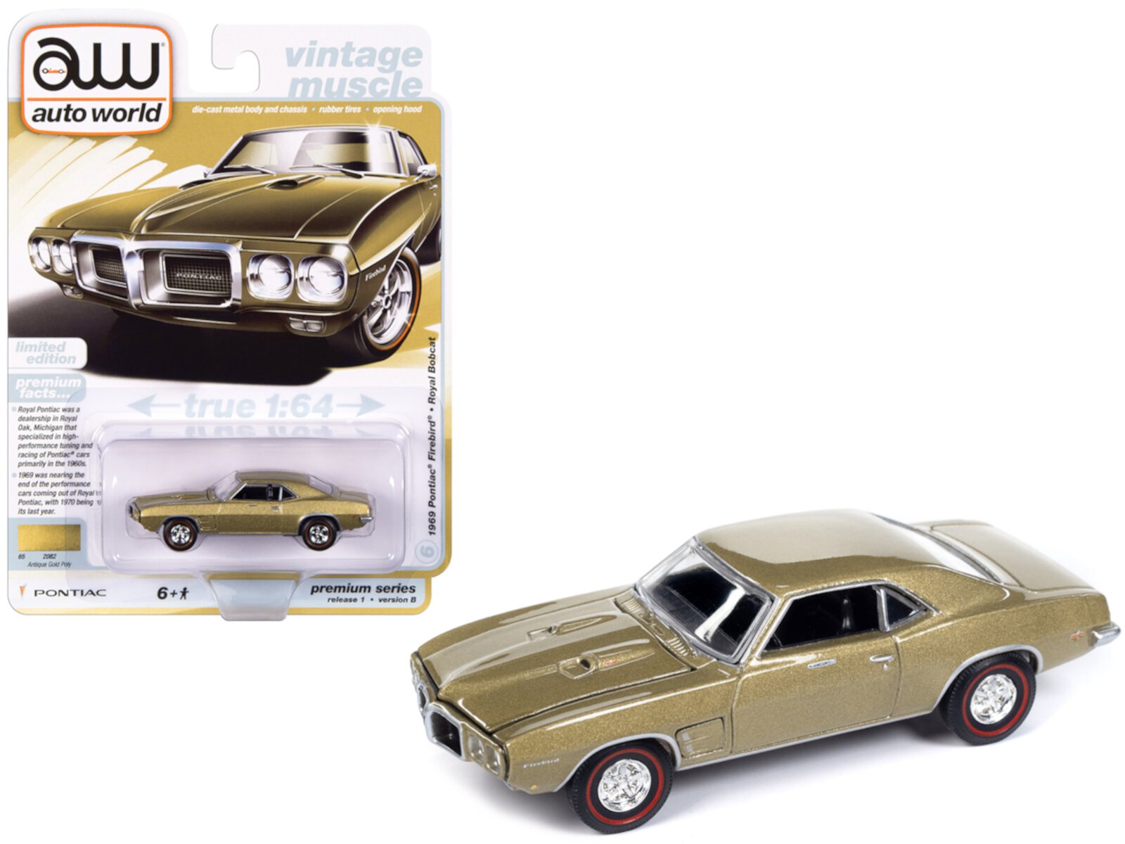 1969 Pontiac Firebird Royal Bobcat Antique Gold Metallic "Vintage Muscle" Limited Edition 1/64 Diecast Model Car by Auto World Auto World