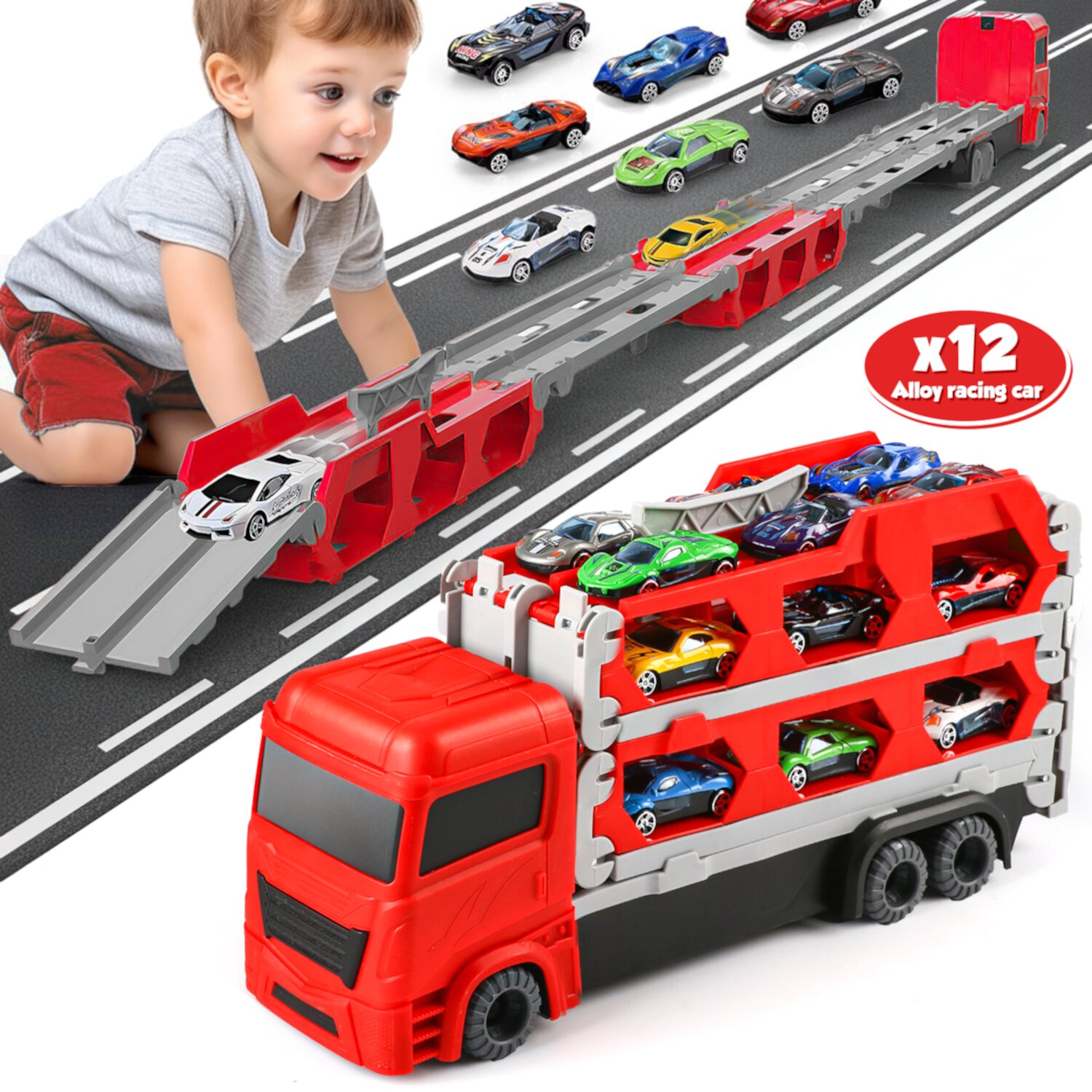 Flooyes Carrier Truck Toys for Kids, Transport Race Trucks Set, W/ Deform Folding Track & 12 Race Cars, Toys for 3-8 Years Old Toddler Car Set Gifts for Boys and Girls(Red) Flooyes