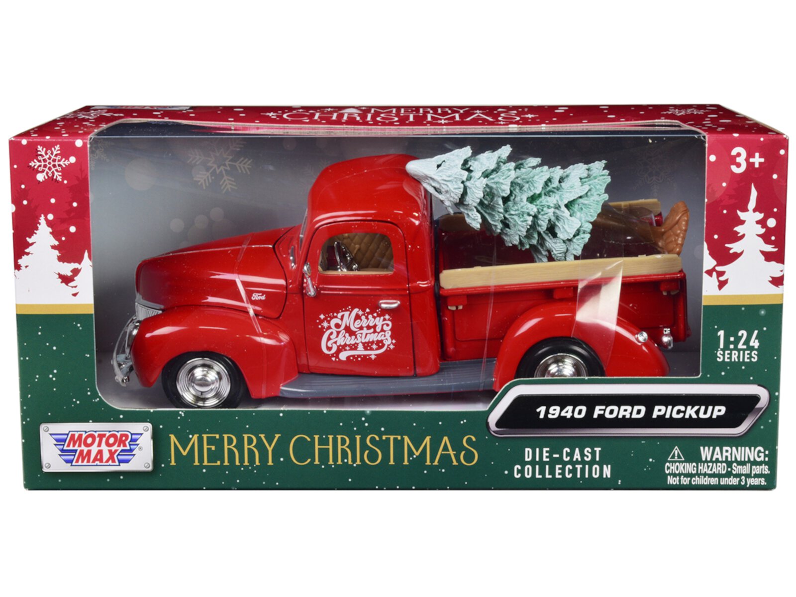 Camioneta camioneta Diecast 1940 Ford Roja "Feliz Navidad" con Accesorio de Árbol 1/24 Modelo de Coche Diecast por Motormax MOTORMAX