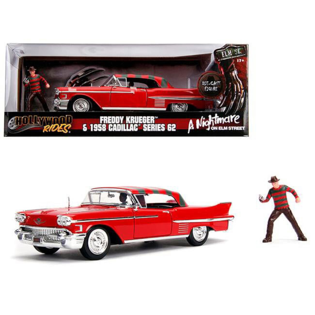 1958 Cadillac Series 62 Red with Freddy Krueger Diecast Figure A Nightmare on Elm Street Movie 1-24 Diecast Model Car Endless Games