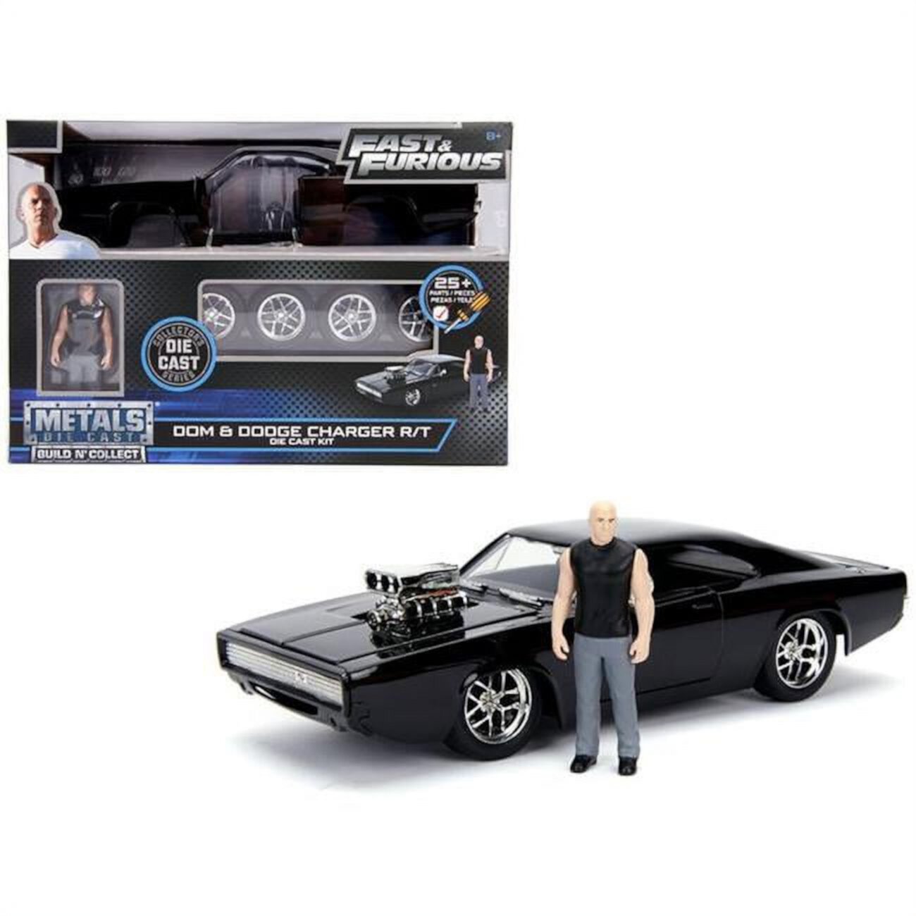 Model Kit Dodge Charger R/T Black with Dom Diecast Figure, Fast & Furious Movie, Build N' Collect, 1:24 Diecast Car Jada Fast and the Furious