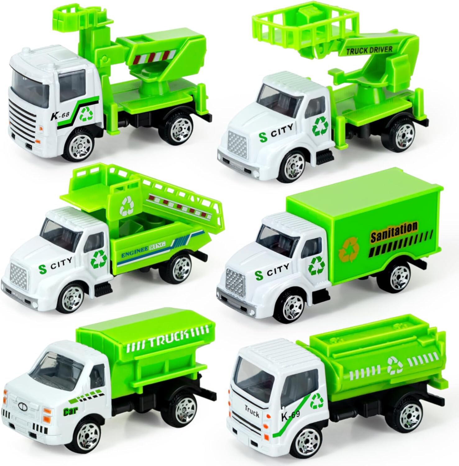 Style-Carry 6 Pcs Garbage Truck Toys Set, Toys for 2 3 4 5 6 7 Year Old Kids, Diecast Mini Toy Car Play Vehicles Set for Boys Girls Birthday Gift Style-Carry