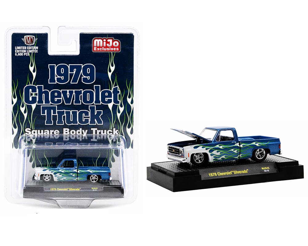 1979 Chevrolet Silverado Pickup Truck Blue with White Flames Limited Edition to 6600 pcs 1/64 Diecast Model Car by M2 Machines M2 Machines