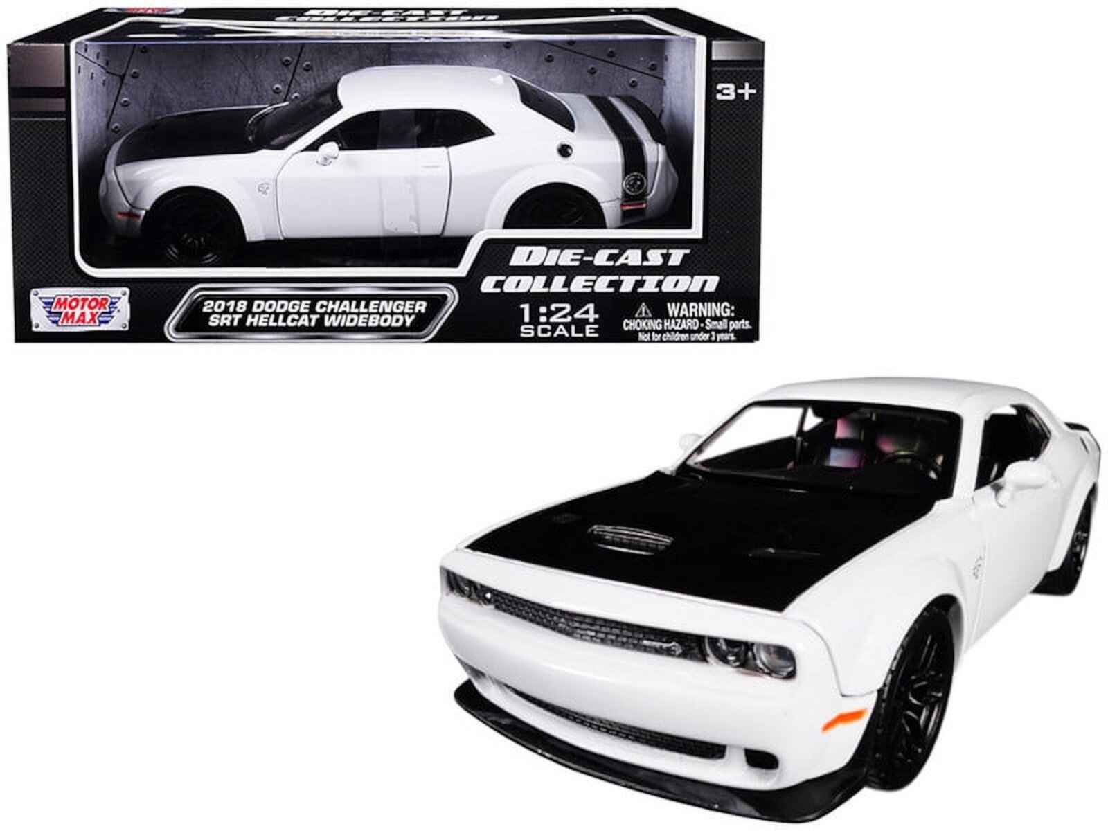 2018 Dodge Challenger SRT Hellcat Widebody White with Black Hood 1/24 Diecast Model Car by Motormax MOTORMAX