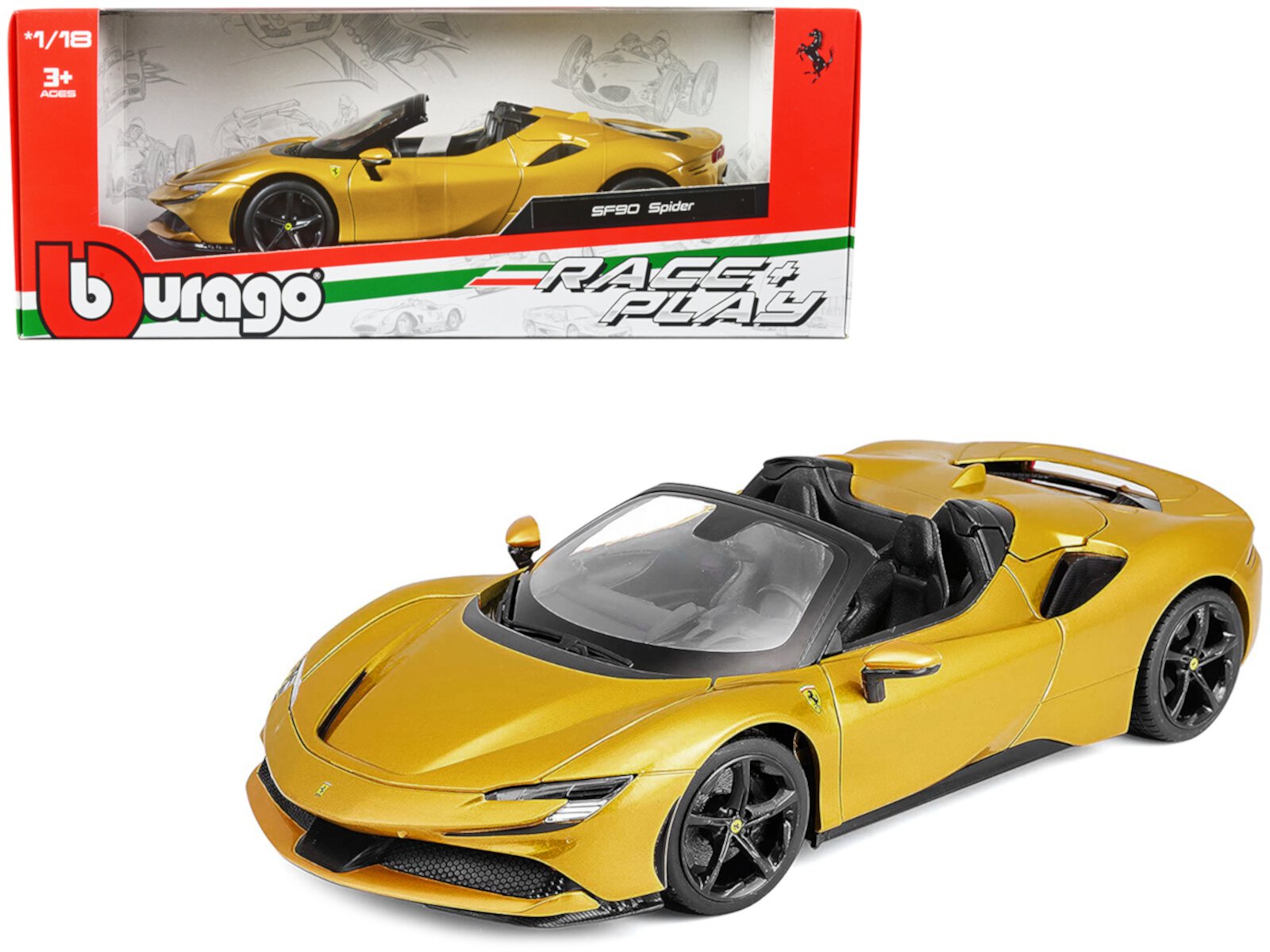 Ferrari SF90 Spider Gold Metallic "Race + Play" Series 1/18 Diecast Model Car by Bburago Bburago