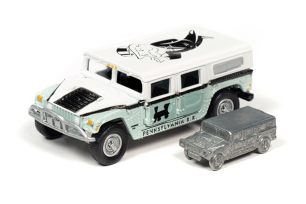 2004 Hummer H1 with Token Monopoly 85th Anniversary, White and Turquoise - Johnny Lightning JLSP094/24 - 1/64 scale Diecast Model Toy Car Johnny Lightning