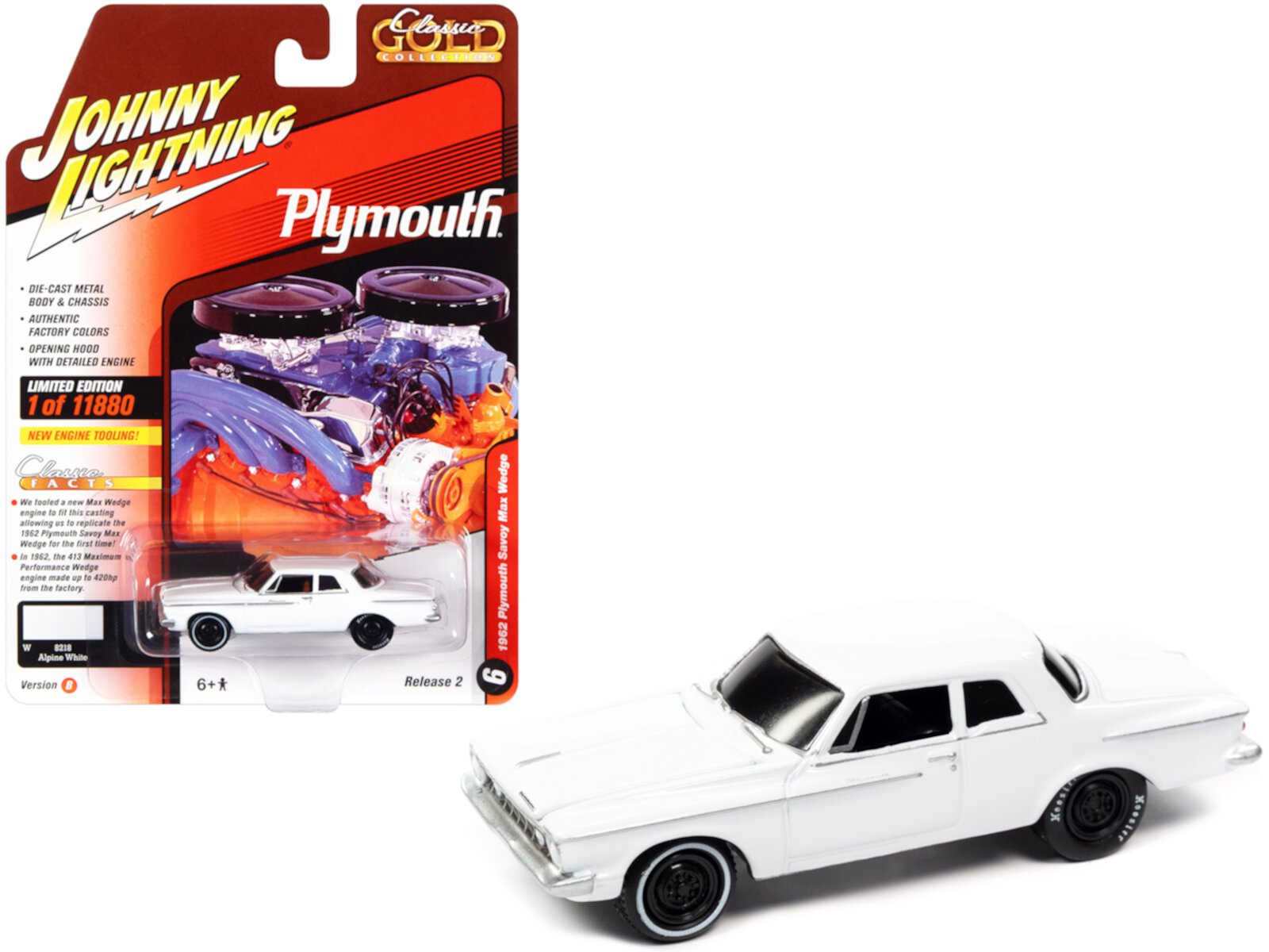 1962 Plymouth Savoy Max Wedge Alpine White Limited Edition to 11880 pieces Worldwide 1/64 Diecast Model Car by Johnny Lightning Johnny Lightning