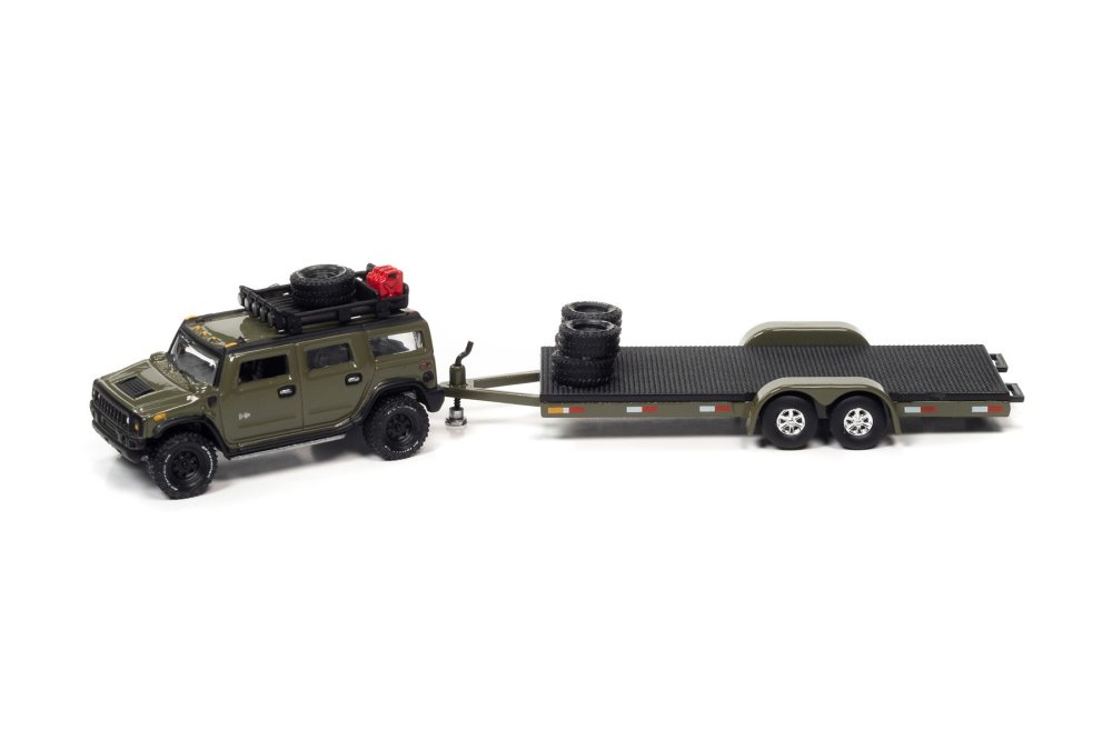 2004 Hummer H2 with Open Car Trailer, Medium Sage Green - Johnny Lightning JLSP202/24A - 1/64 scale Diecast Model Toy Car Johnny Lightning