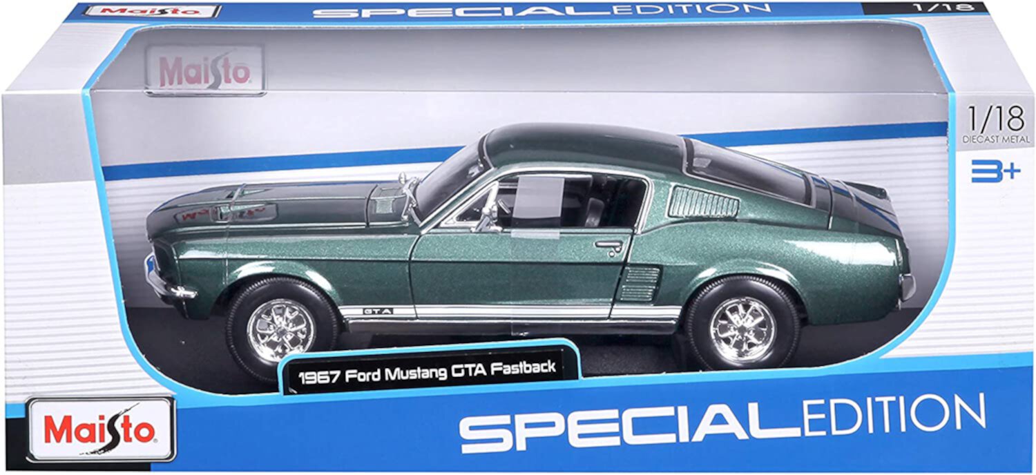 1967 Ford Mustang GTA Fastback Green Metallic with White Stripes 1/18 Diecast Model Car by Maisto Maisto