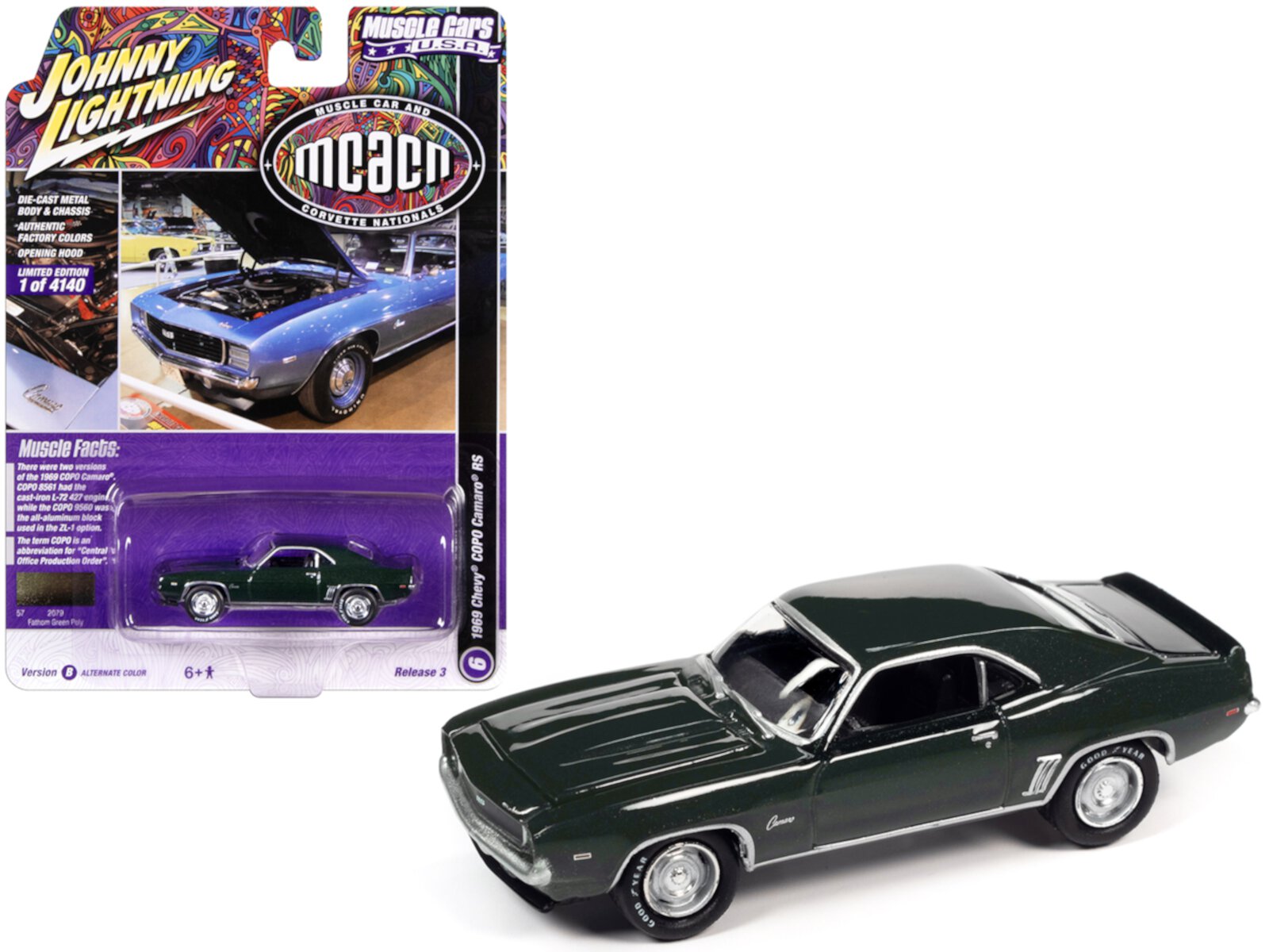 1969 Chevrolet COPO Camaro RS Fathom Green Metallic "MCACN" Limited Ed to 4140 pcs 1/64 Diecast Model Car by Johnny Lightning Johnny Lightning