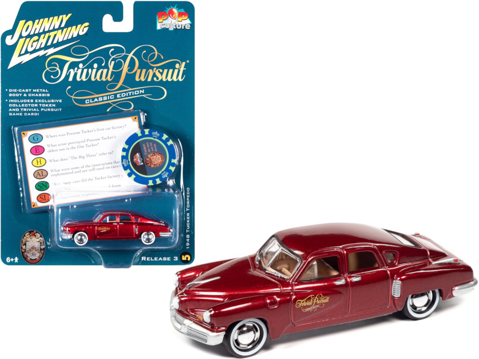 1948 Tucker Torpedo Red Maroon Met. w/Poker Chip & Game Card "Trivial Pursuit" 1/64 Diecast Model Car by Johnny Lightning Johnny Lightning