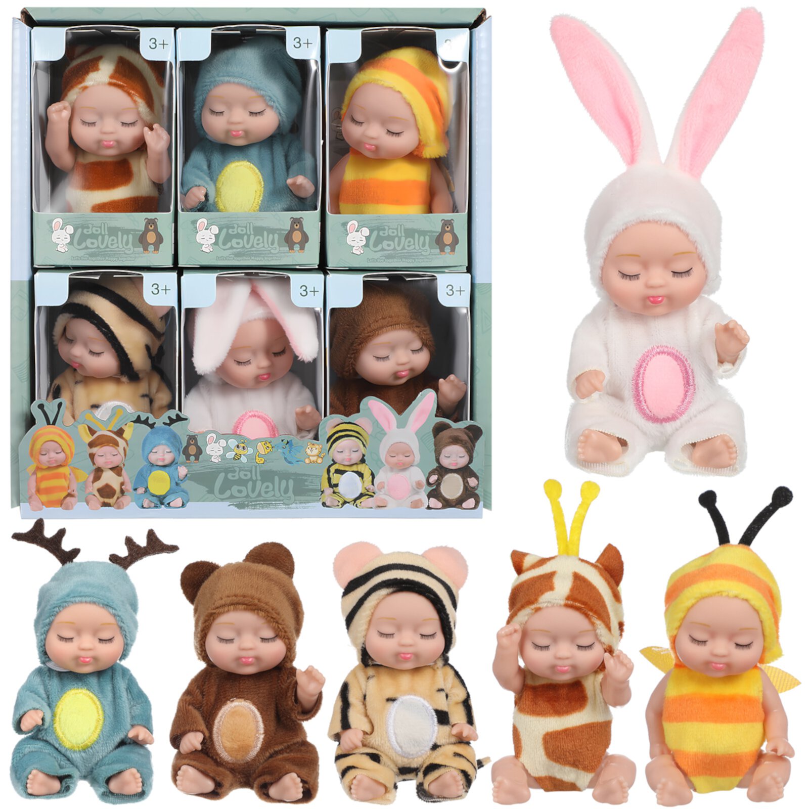 6 Pcs Sleeping Doll Mini Reborn Baby Dolls Tiny Lovingly Little Girls Gifts Animals Small Eease