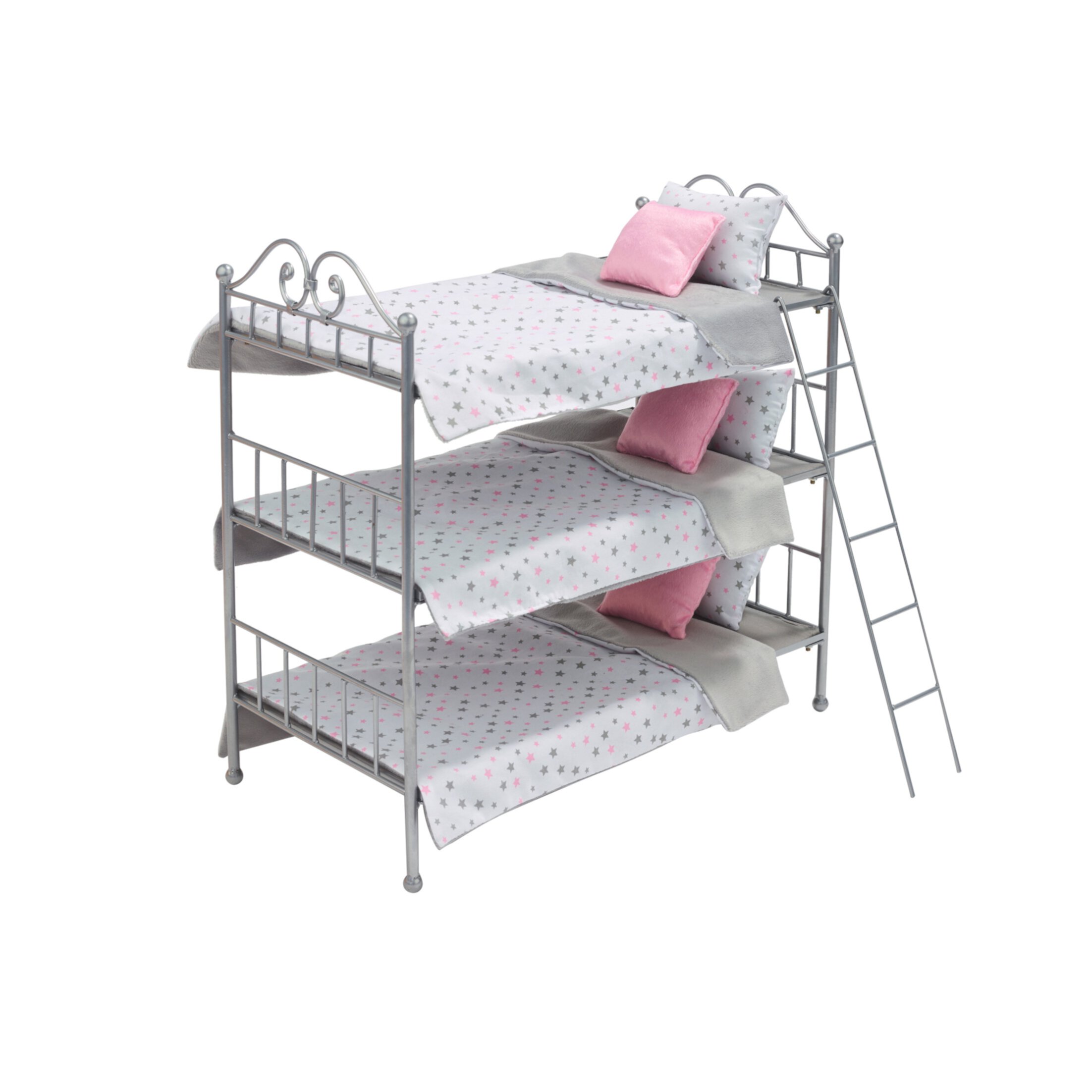 Badger Basket Scrollwork Metal Triple Bunk Bed with Ladder, Bedding for 18 inch Dolls - Silver/Pink Badger Basket