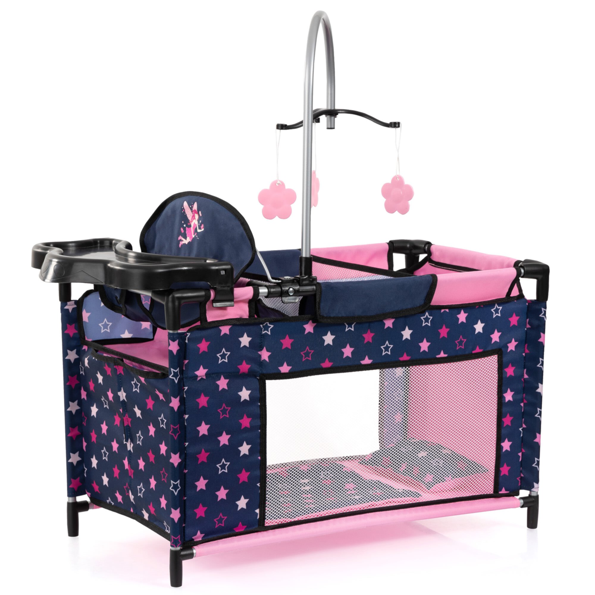 Bayer Design Dolls: Multi-Bed - Navy, Pink, Fairy, Stars - Playpen For Dolls Up To 18", Built-In Highchair & Mobile, Pillow & Blanket, Kids Toy Age 3+ Bayer Design