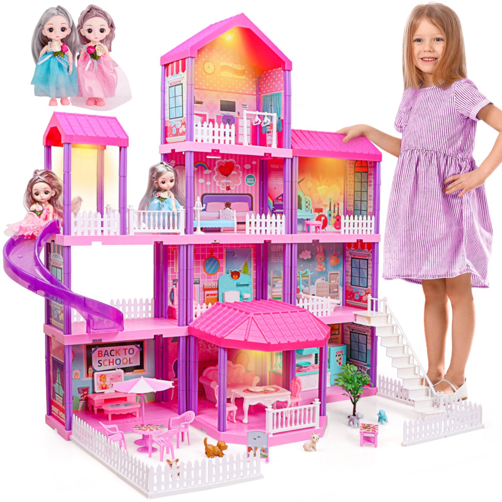 Hot Bee 36 inch Dollhouse Playset Girl Toys, 11 Rooms with Doll Toy Figures Toddler Playhouse Christmas Birthday Gifts for 3 4 5 6 7 Year Old Girls Hot Bee