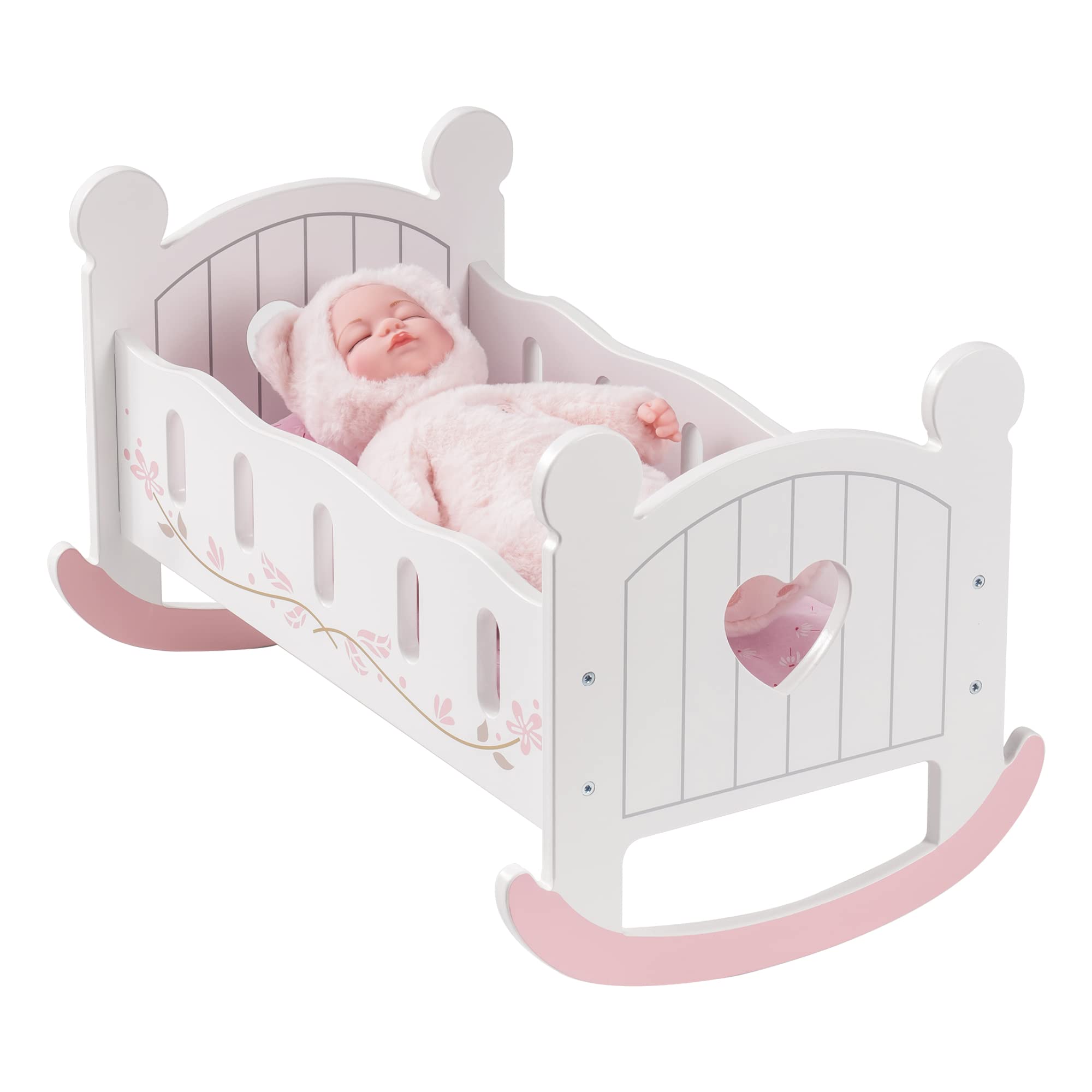 ROBUD Wooden Doll Cradle Rocking Baby Crib Bed,Toys for Dolls Girl,Fits Dolls up to 18 inches,White ROBUD