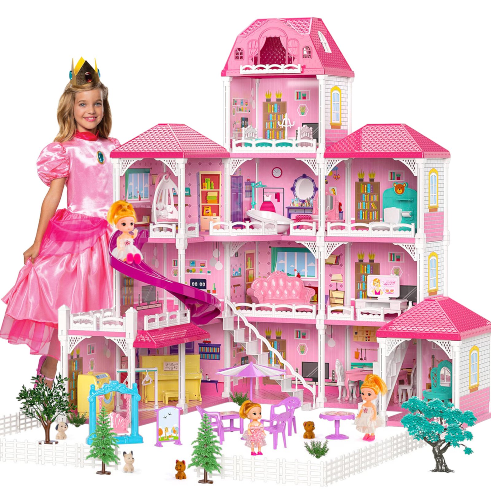 Hot Bee Dollhouse for Girls,4-Story 12 Rooms Playhouse with 2 Dolls Toy Figures,Pretend Doll House with Accessories,Gift Toy for Kids Ages 3 4 5 6 Hot Bee