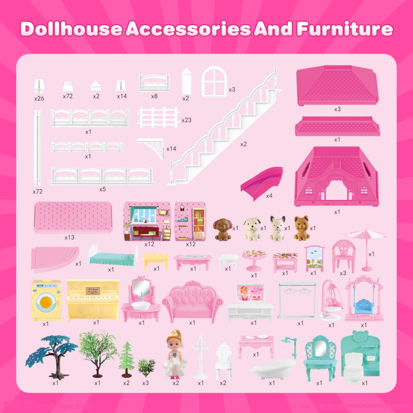 Flooyes Dollhouse, Doll House Playset for Girls with 4-Story 12 Rooms Playhouse with 2 Dolls Toy Figures, Gift for girls Ages 3 and Up Flooyes