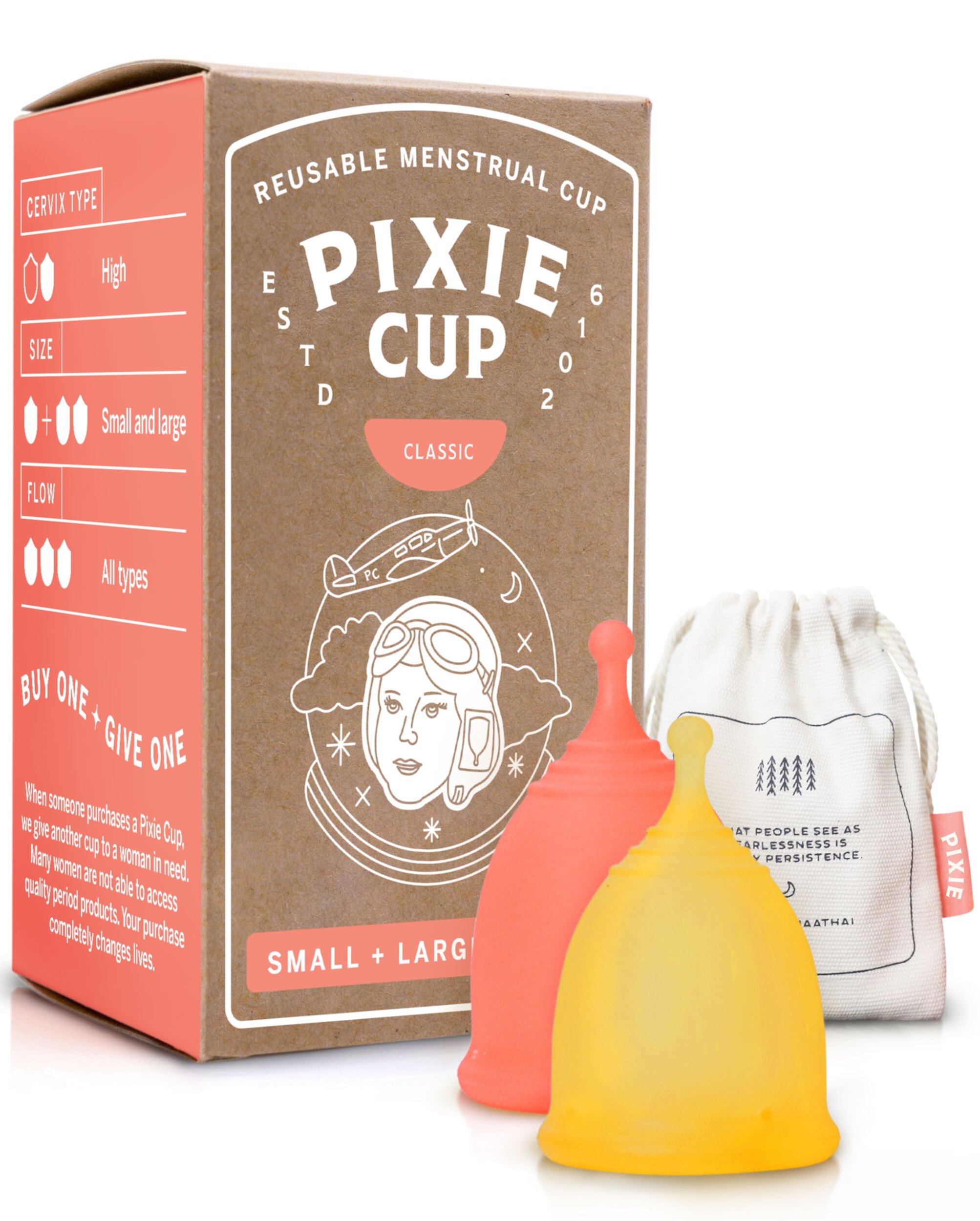 Pixie Menstrual Cup - Ranked 1 for Most Comfortable Reusable Period Cup and Best Removal Stem - Tampon and Pad Alternative - Every Cup Purchased One is Given to a Woman in Need! (Combo) Pixie Cup