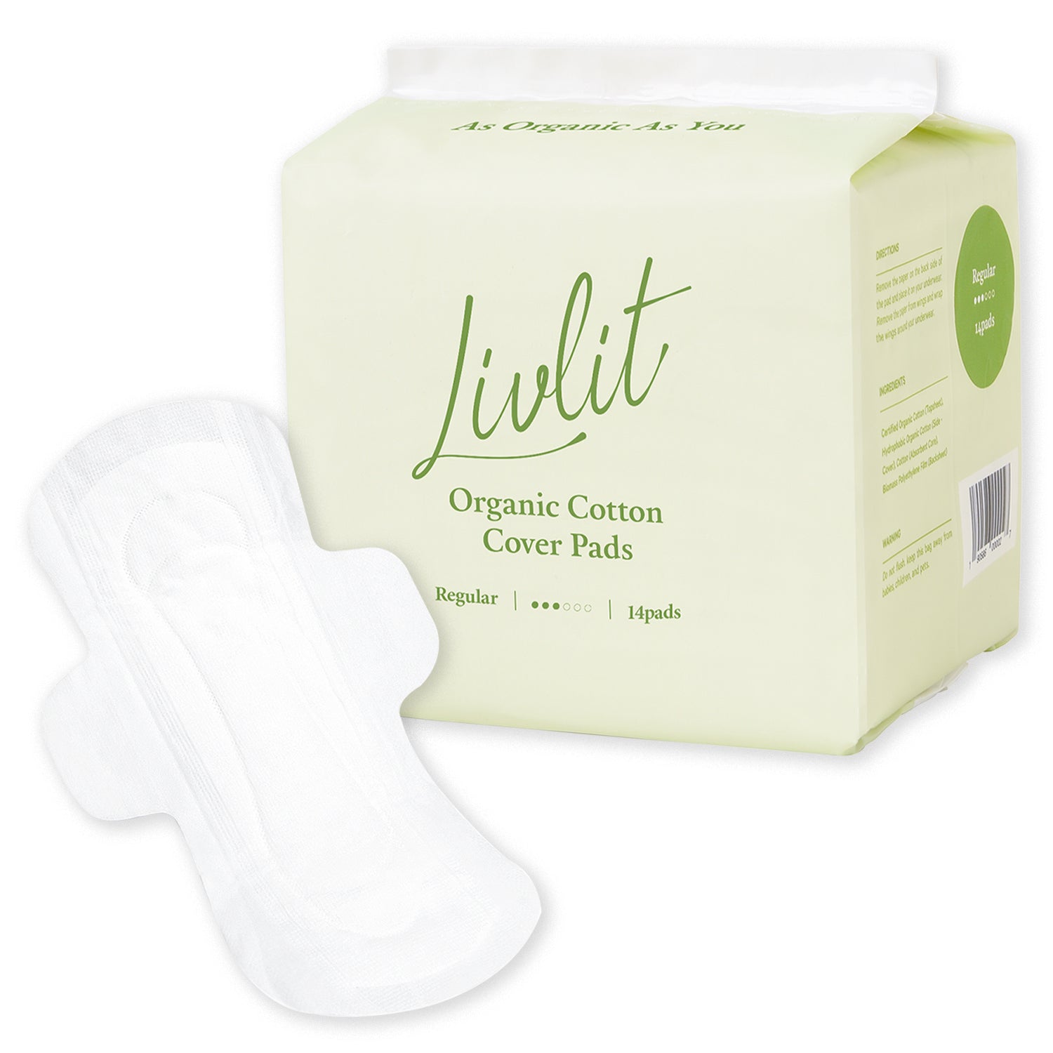 Livlit Regular Size Pads, 100% Organic Cotton, Sensitive Skin Care (14 Count) LIVLIT