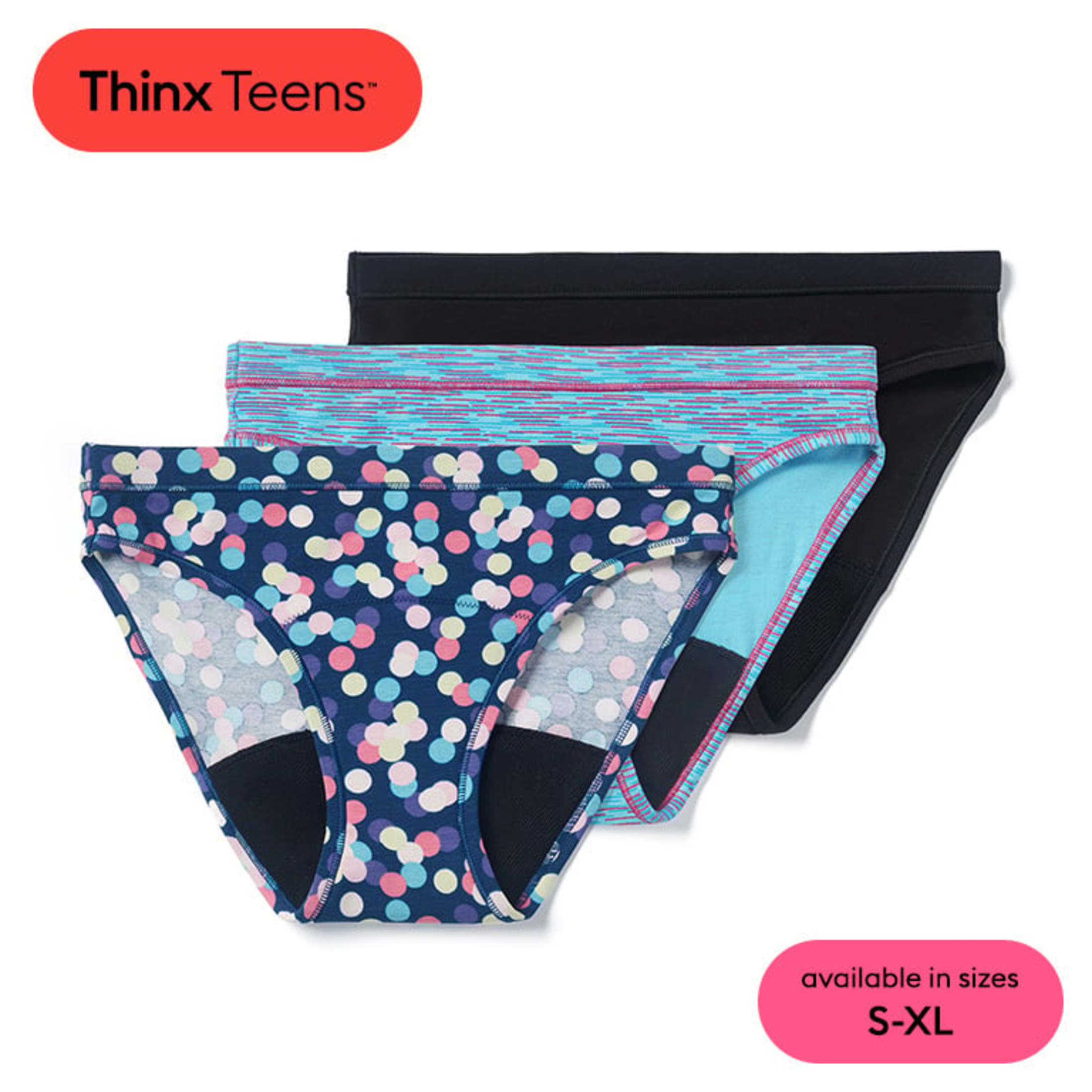 Женское Менструальное нижнее белье Thinx Teens Super Absorbency Cotton Bikini, Размер L/13-14, Микс Thinx