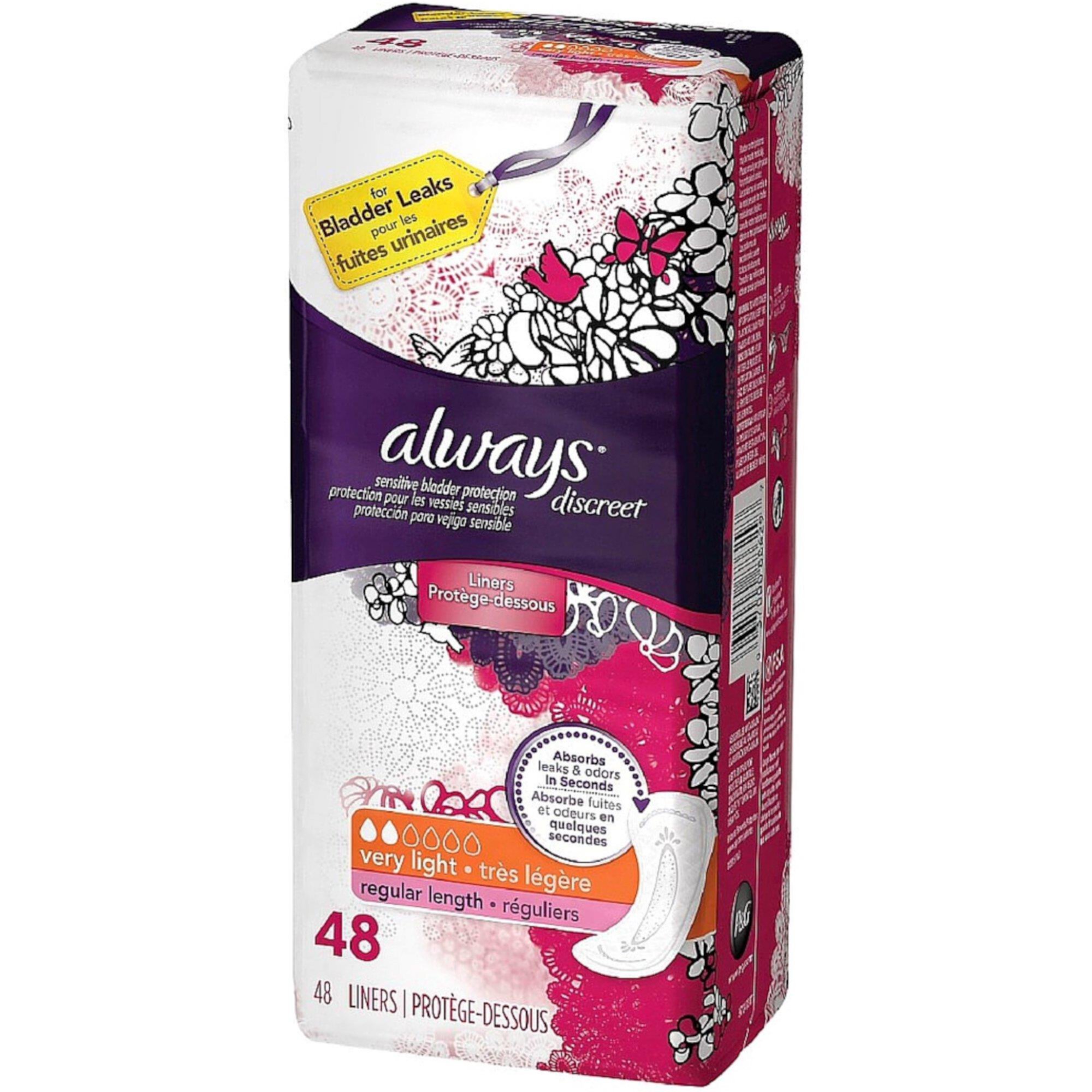 Always Discreet Very Light Absorbency Incontinence Liners, Regular Length 48 ea (Pack of 6) N/A