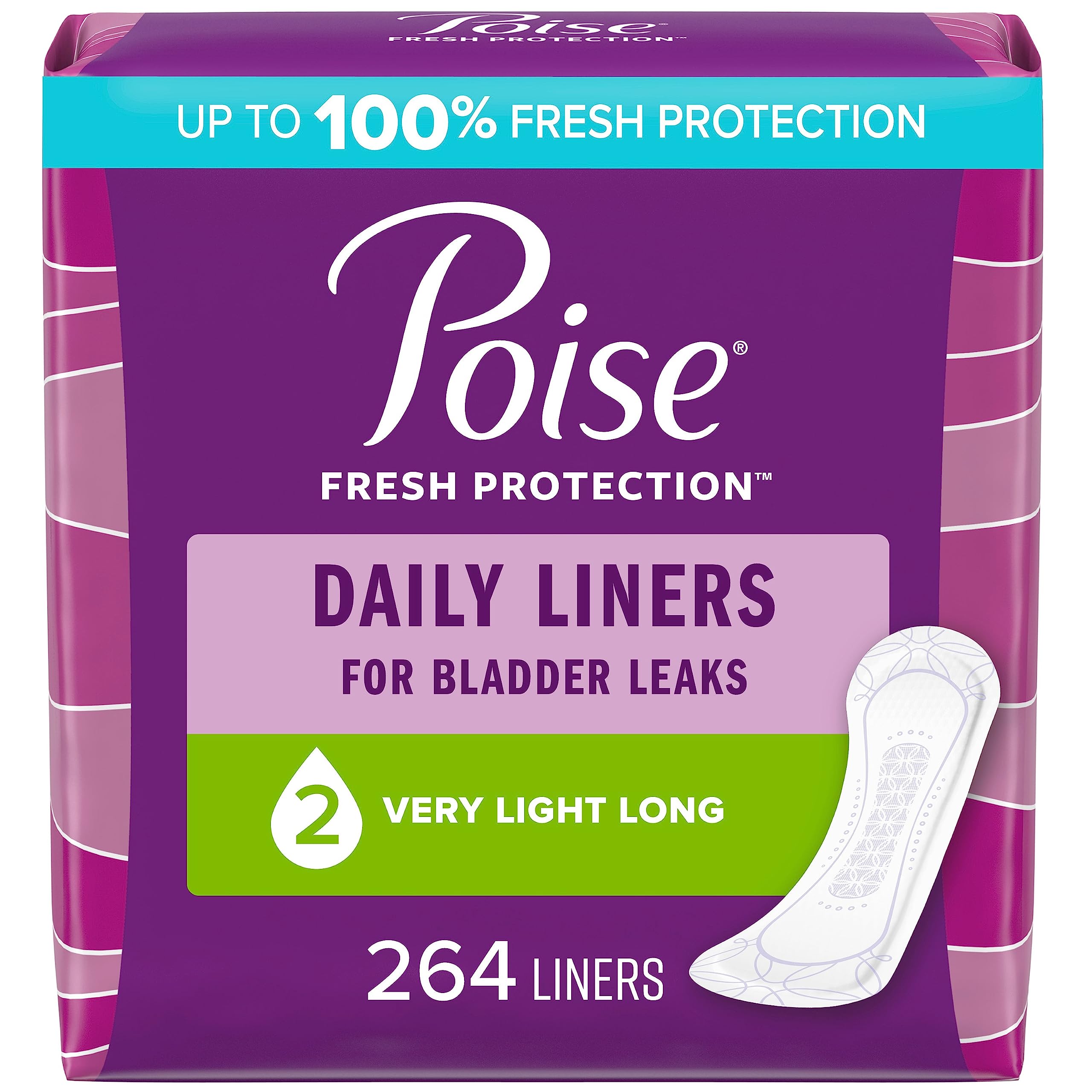 Poise Daily Incontinence Panty Liners, 2 Drop Very Light Absorbency, Long, 264 Count (6 Packs of 44 Pantiliners), Packaging May Vary Visit the Poise Store