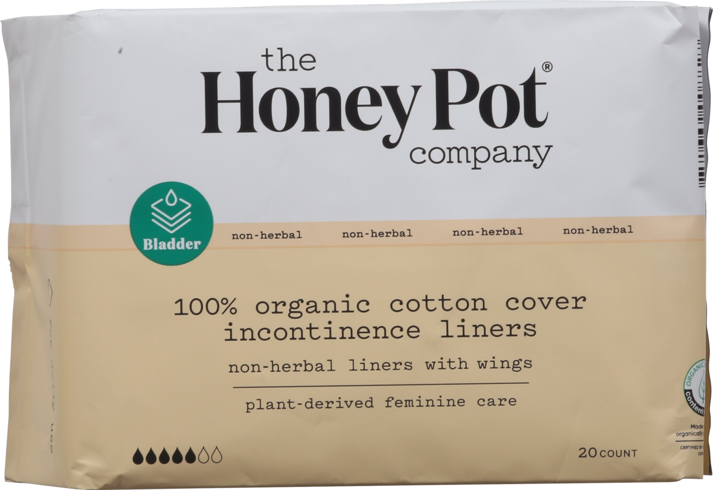 The Honey Pot Company Non-Herbal Cotton Liners With Wings, Organic Incontinence Liners, 20 Count The Honey Pot Company