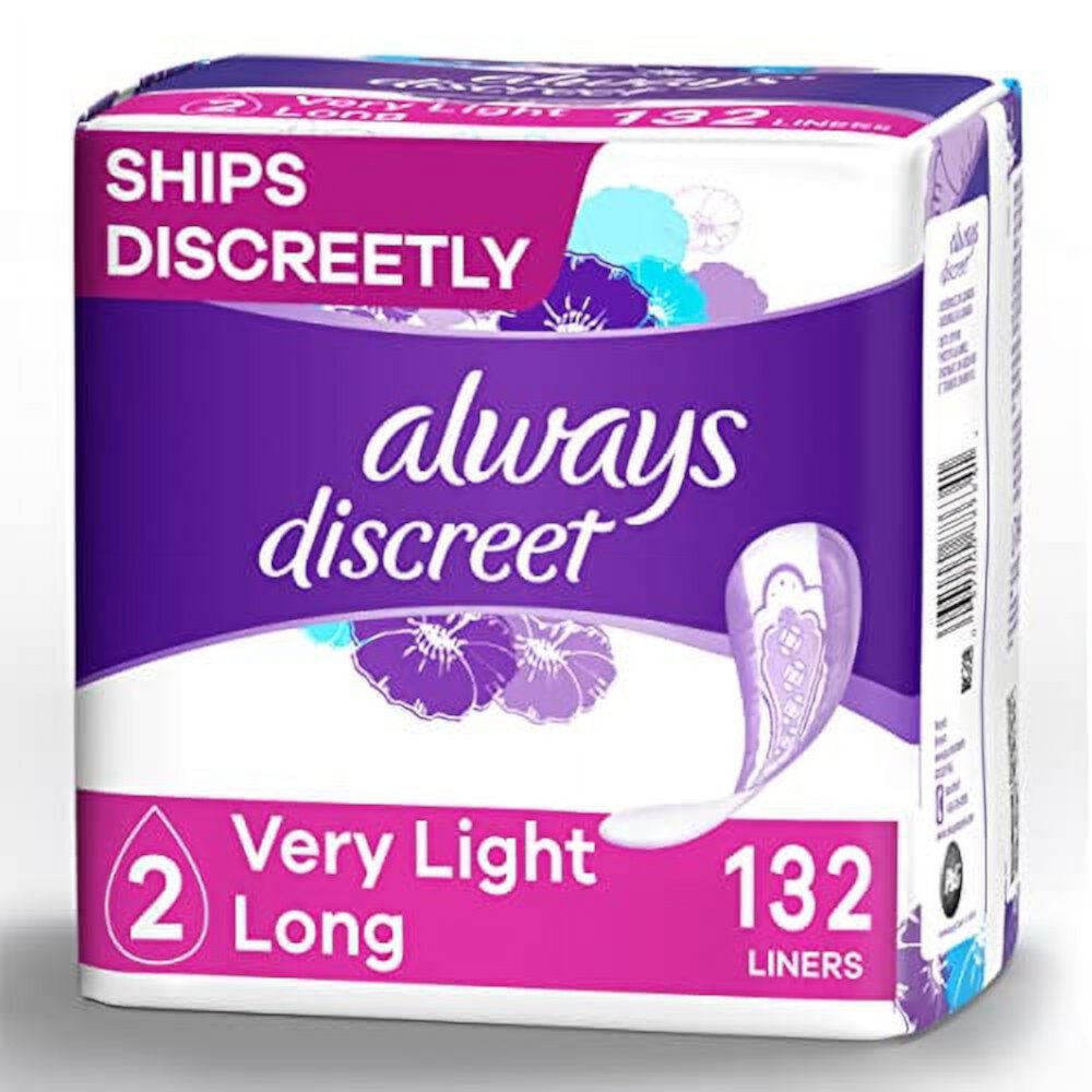 Always Discreet, Incontinence & Postpartum Liners For Women, Size 2, Very Light Absorbency, Long Length, 44 Count X 3 Packs (132 Count Total) Always Discreet