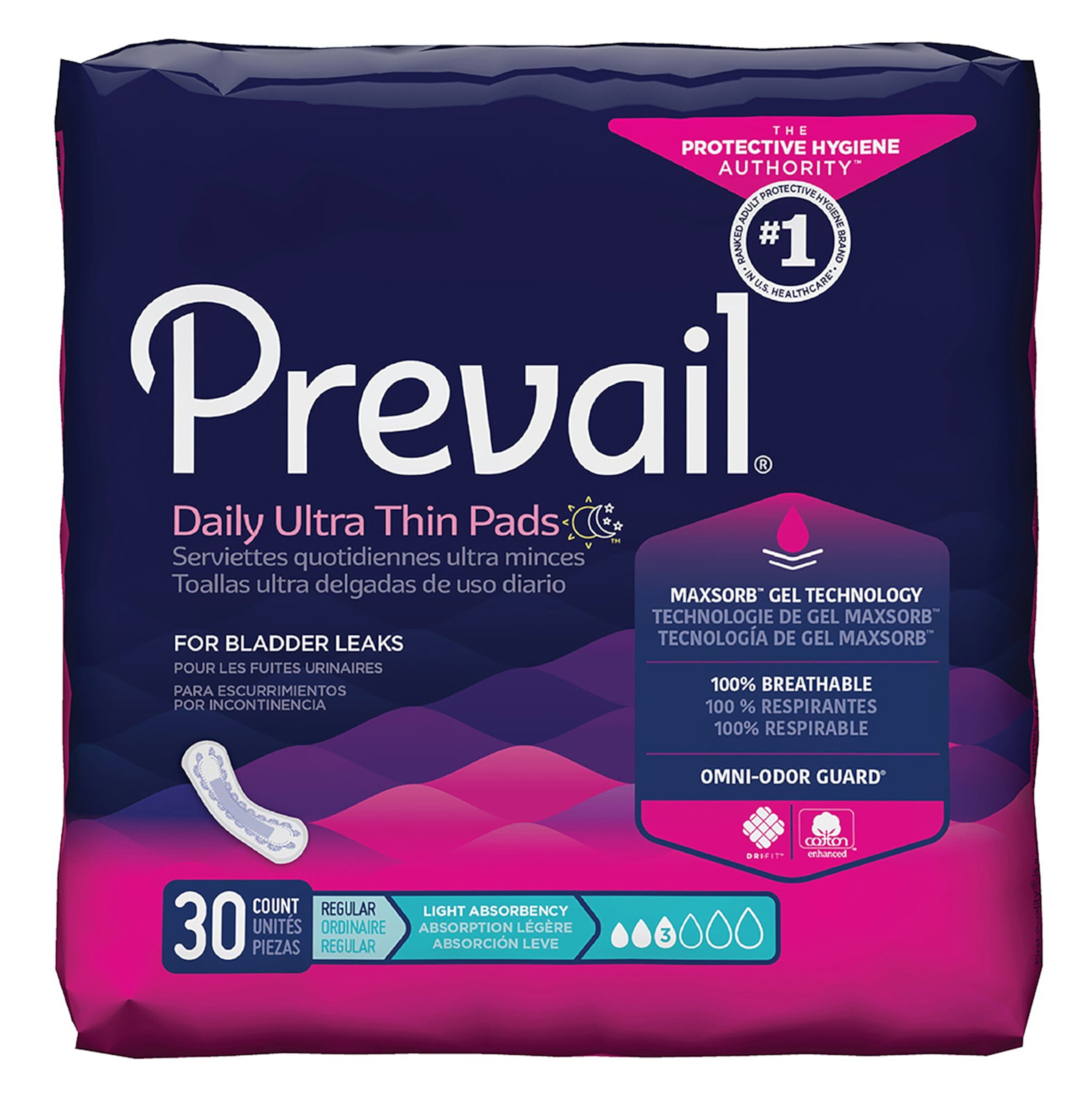 Prevail Light Absorbency Thin Incontinence Bladder Control Pads, 30 Count Prevail