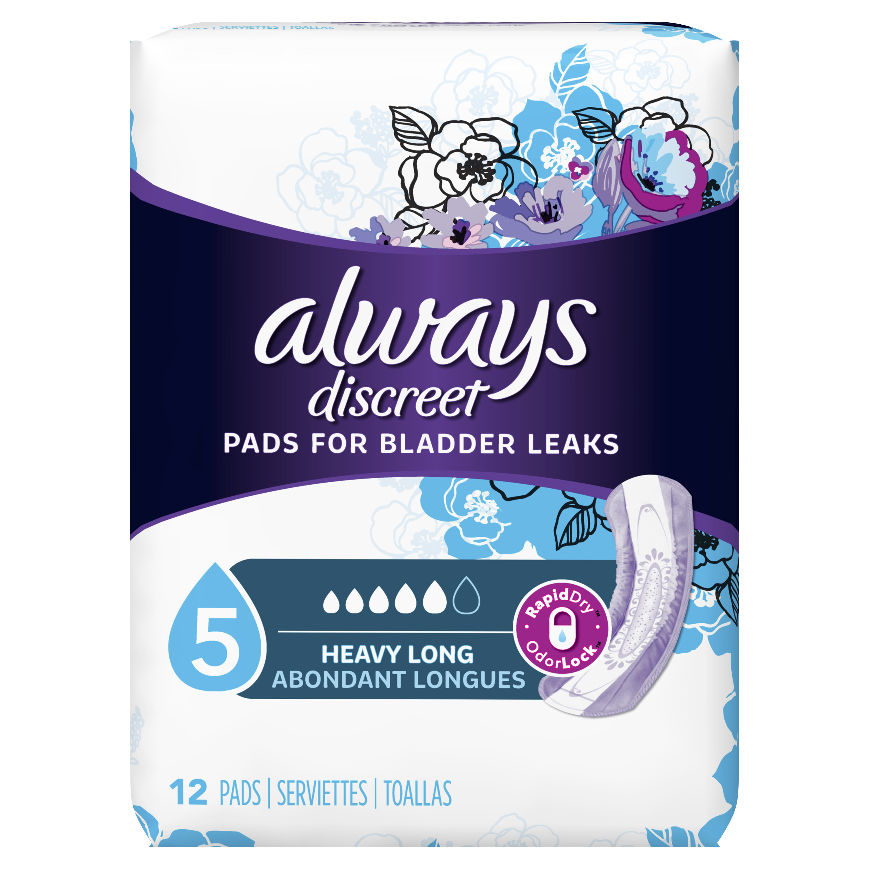 Always Discreet Incontinence Pads for Women, Heavy Absorbency, Long Length, 12 Count Always Discreet