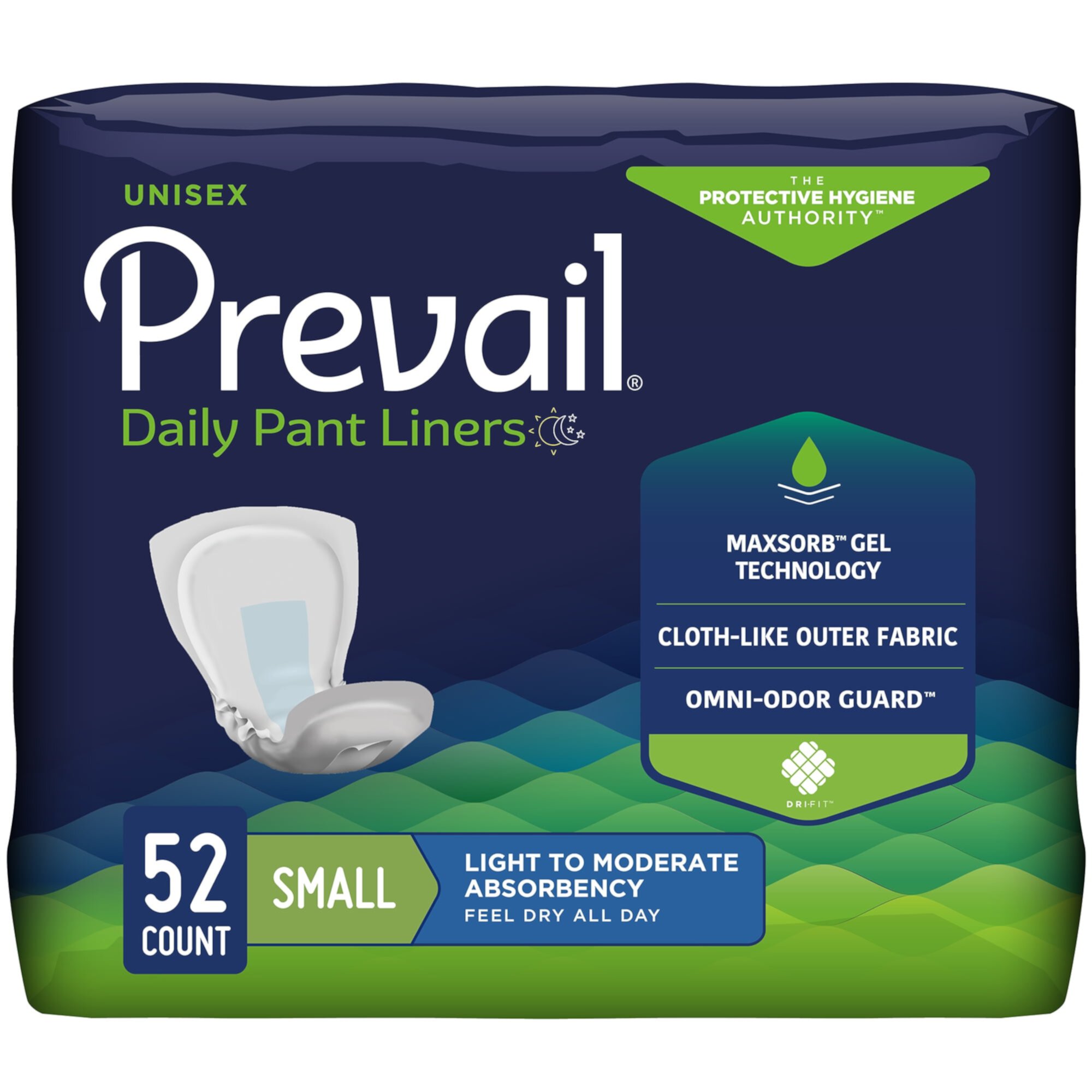 Prevail Incontinent Pad 12.5" L Pant Liner PL-100/1, Light to Moderate, 52 Ct Prevail