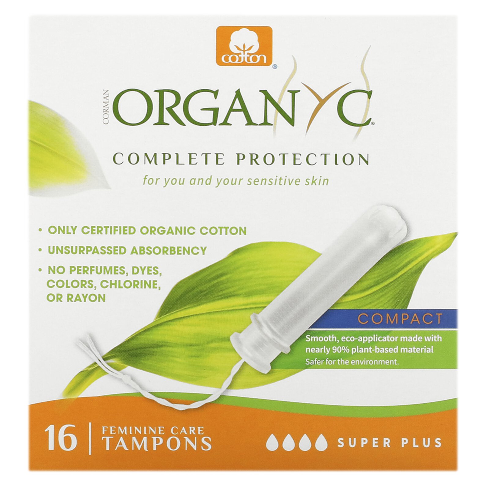 Organyc 100% Certified Organic Cotton Tampons, Bio-Based Eco-Applicator, 16 Count (Pack of 1) Organyc