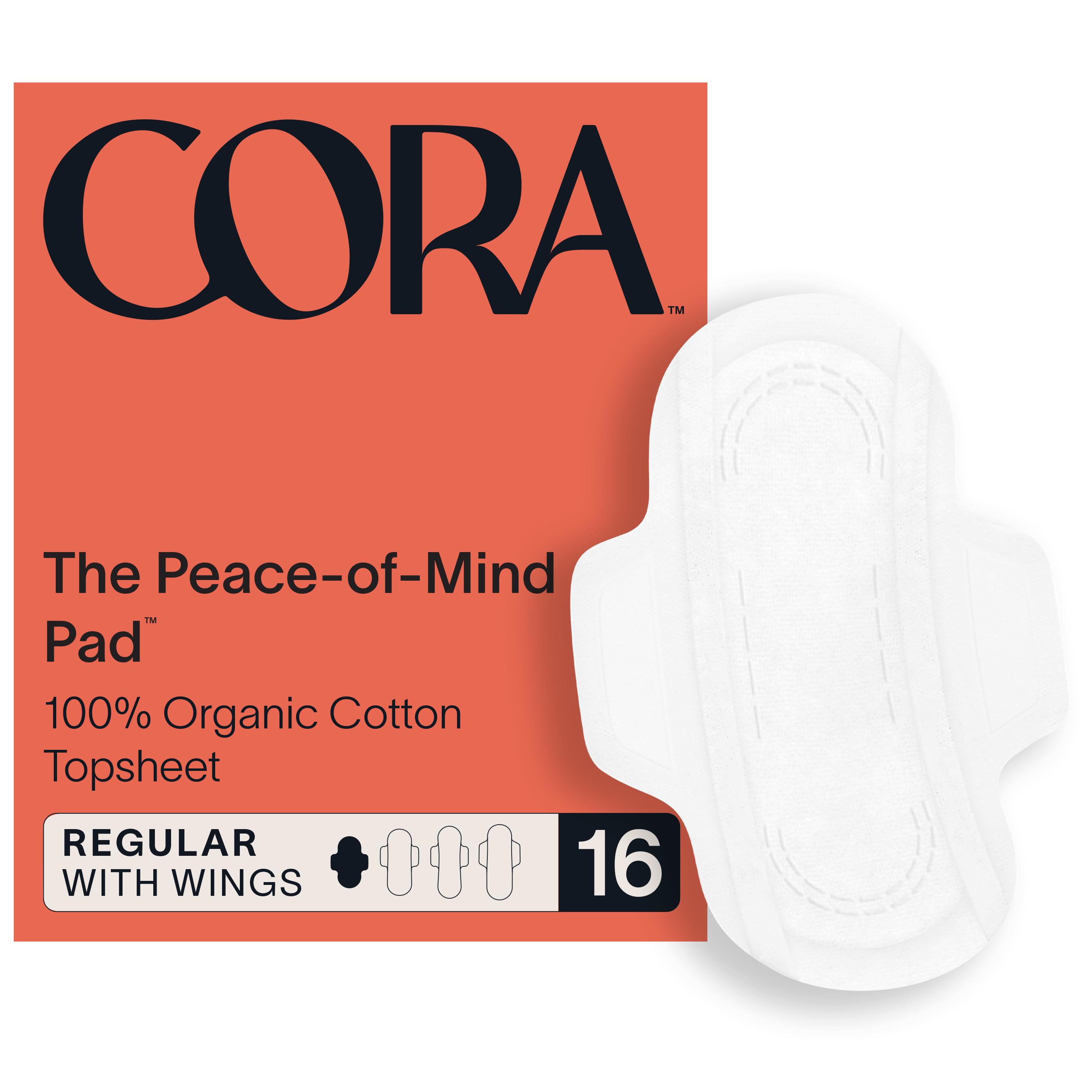 Cora Organic Cotton Topsheet Pads, Unscented, Regular Absorbency (16 Count) Cora