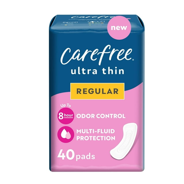 CAREFREE® Ultra Thin Regular Pads Without Wings, 40 Count, Multi-Fluid Protection For Up To 8 Hours, With Odor Neutralizer Carefree