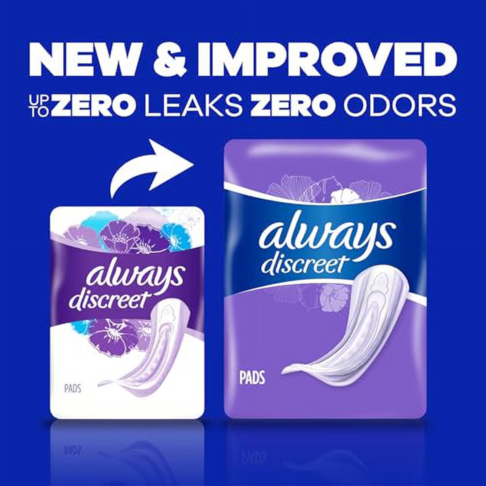 Always Discreet Adult Moderate Long Incontinence Pads, Up to 100% Leak-Free Protection, 54 Count (Packaging May Vary) (Packaging May Vary) Always Discreet