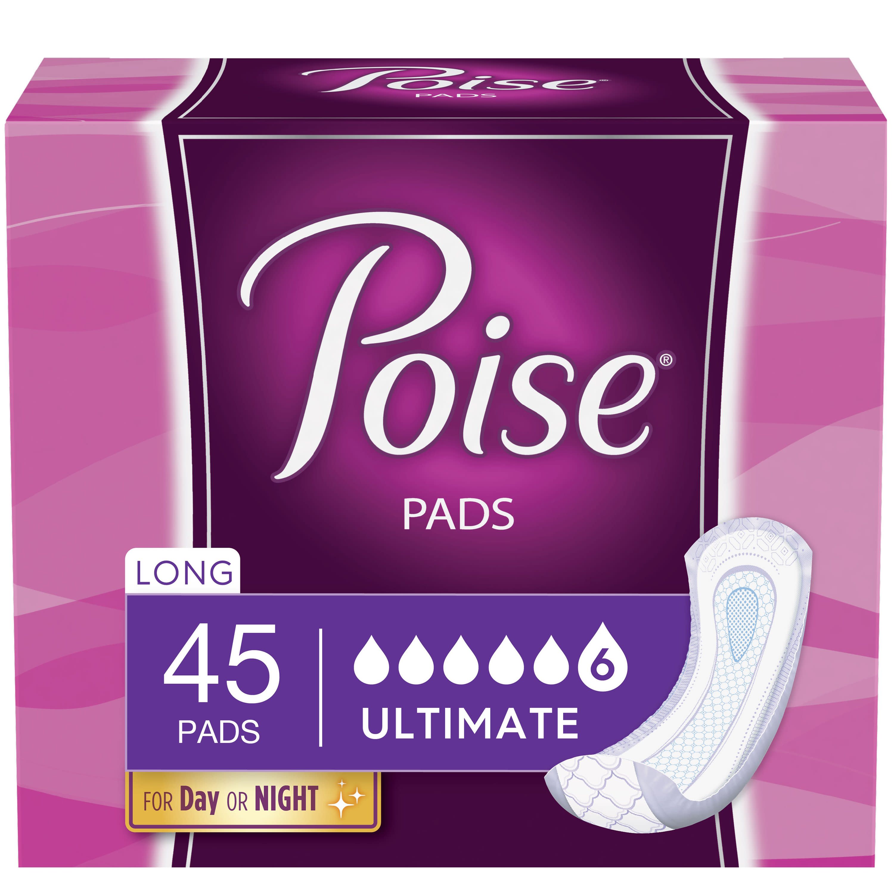 Poise Postpartum Incontinence Pads for Women, Ultimate Absorbency, Long, Original Design, 45 Count Poise