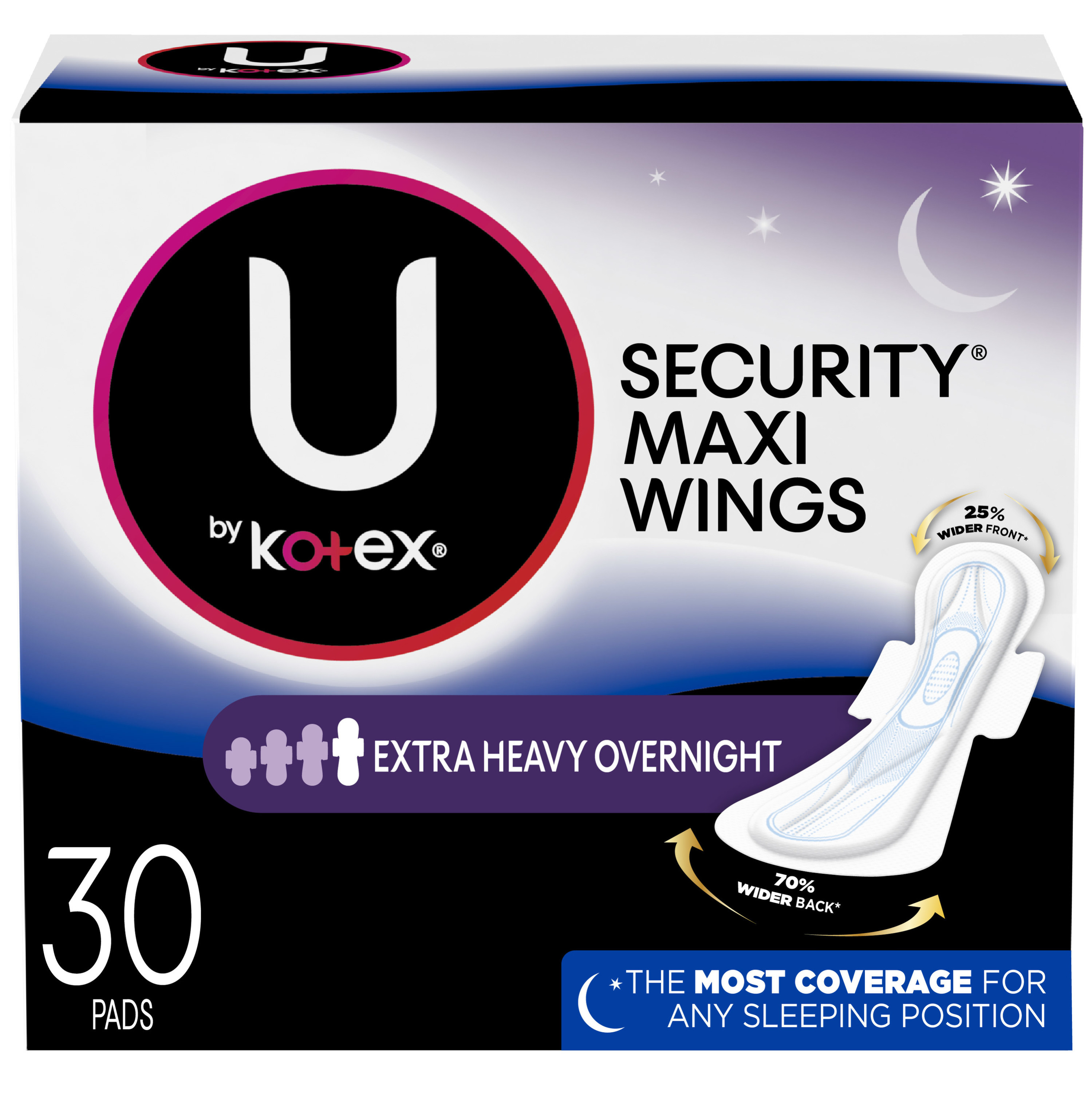 U by Kotex Security Maxi Feminine Pads with Wings, Extra Heavy Overnight Absorbency, Unscented, 24 Count Kotex