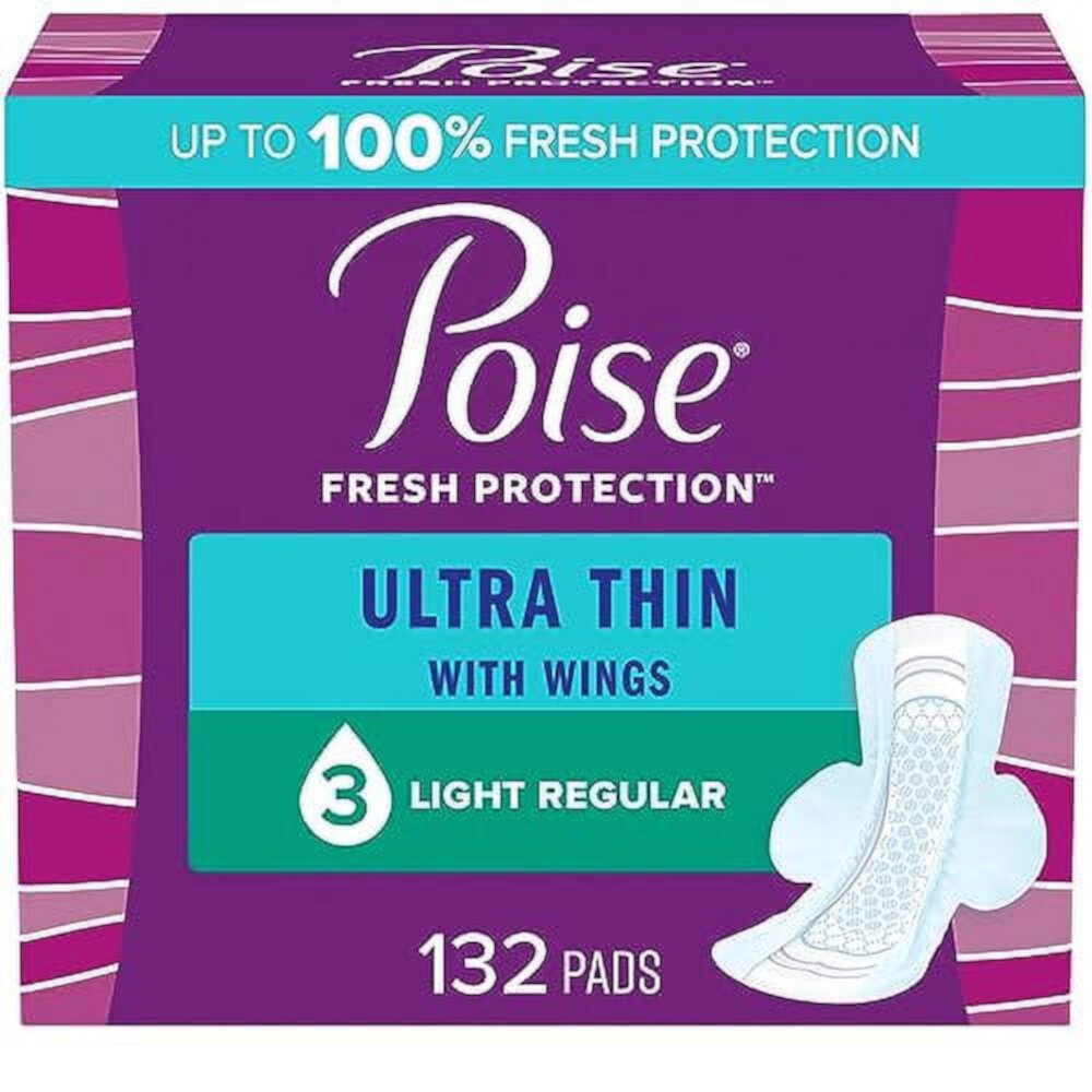 Poise Ultra Thin Incontinence Pads with Wings & Postpartum Incontinence Pads, 3 Drop Light Absorbency, Regular Length, 132 Count (3 Packs of 44), Packaging May Vary Poise