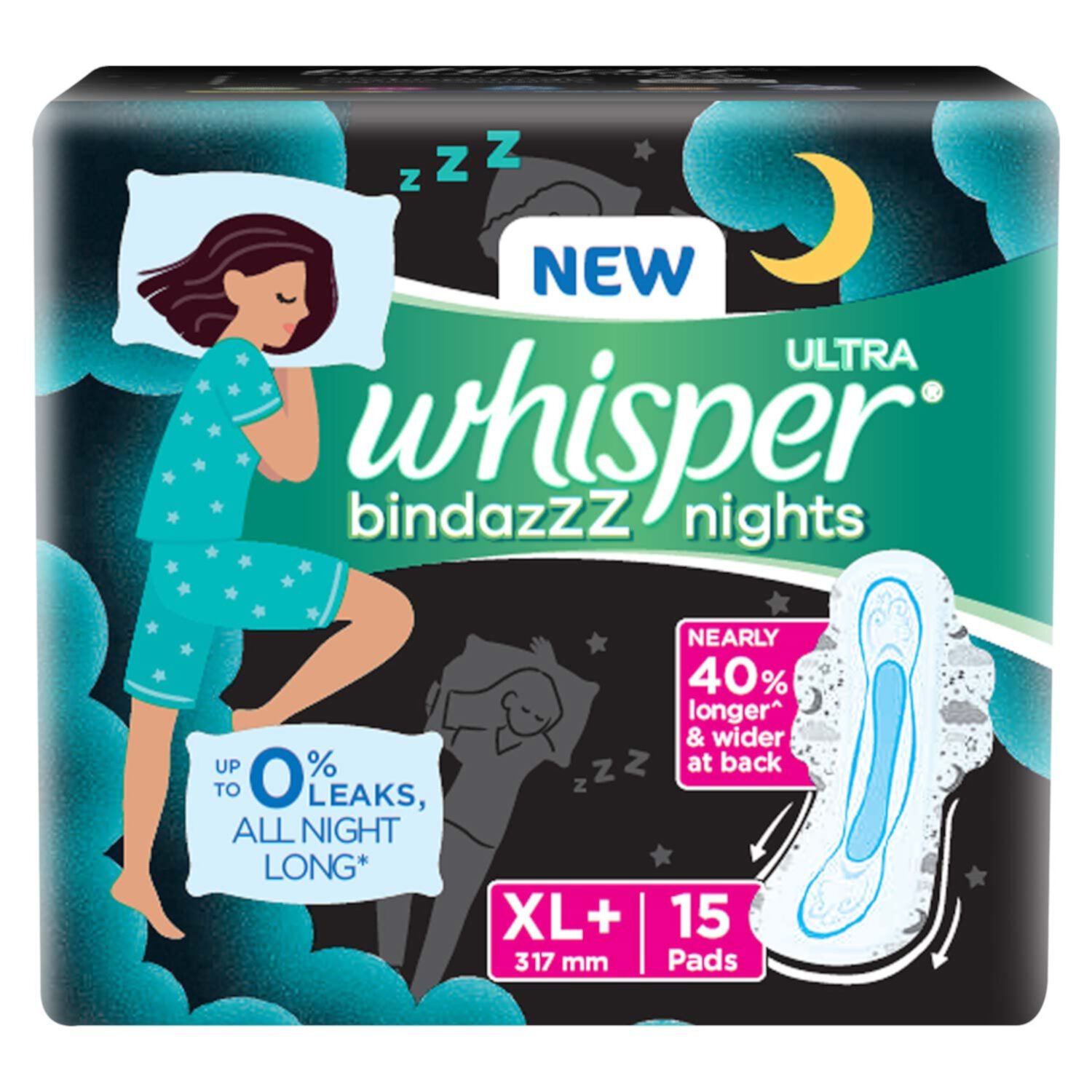 Whisper Bindazzz Night Sanitary Pads|Pack Of 15 Thin Pads|Xl+|Upto 0% Leaks|40% Longer & Wider Back|Dry Top Sheet|Long Lasting Coverage|Faster Absorption|31.7 Cm Long|Wit Whisper