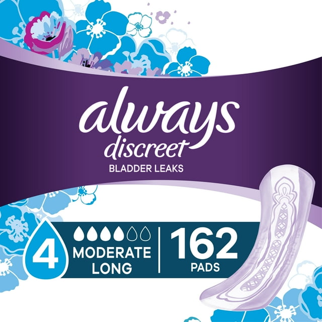 Always Discreet Incontinence Pads, Moderate Absorbency, Long, 162 ct | 2 Packs - 324 counts total Always Discreet