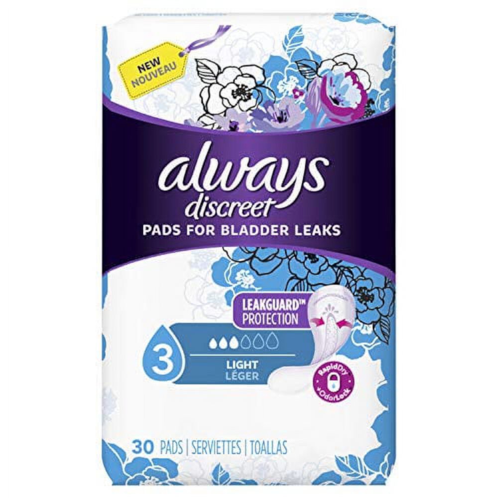 Always Discreet Pads for Bladder Leaks, Light Absorbency, 30 Pads - Case of 3 Always Discreet